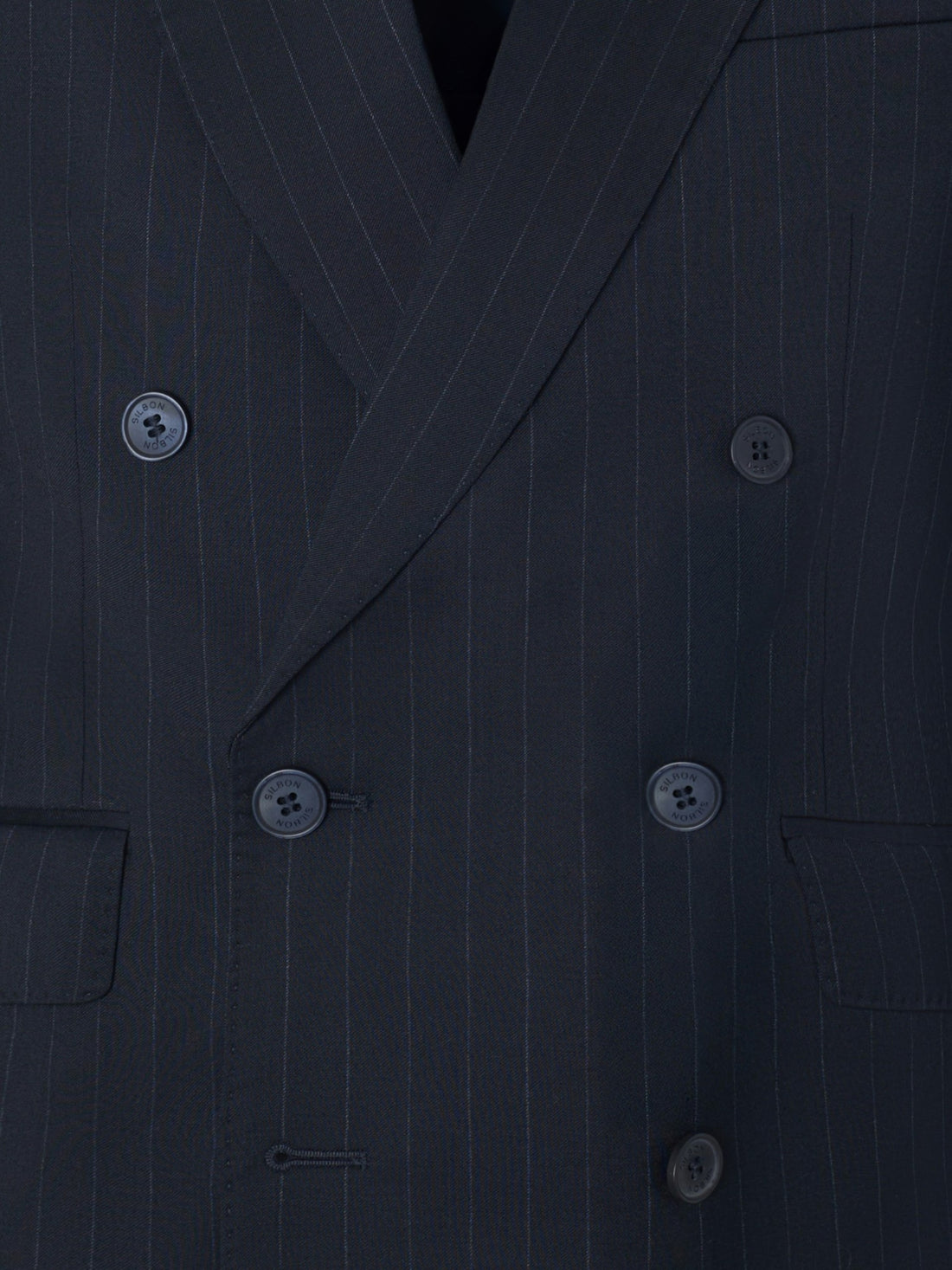 Navy blue pinstripe double-breasted suit jacket