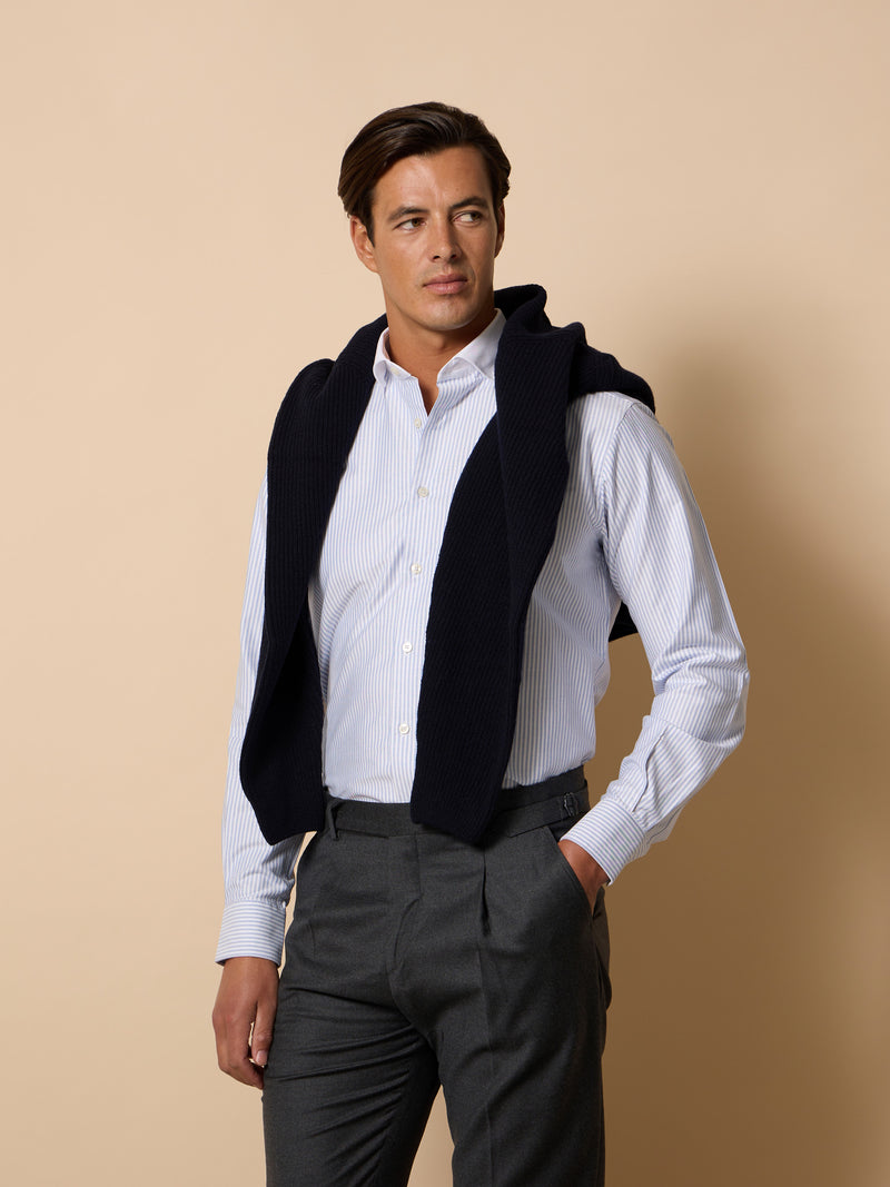 Unique dress shirt with white collar and light blue stripes