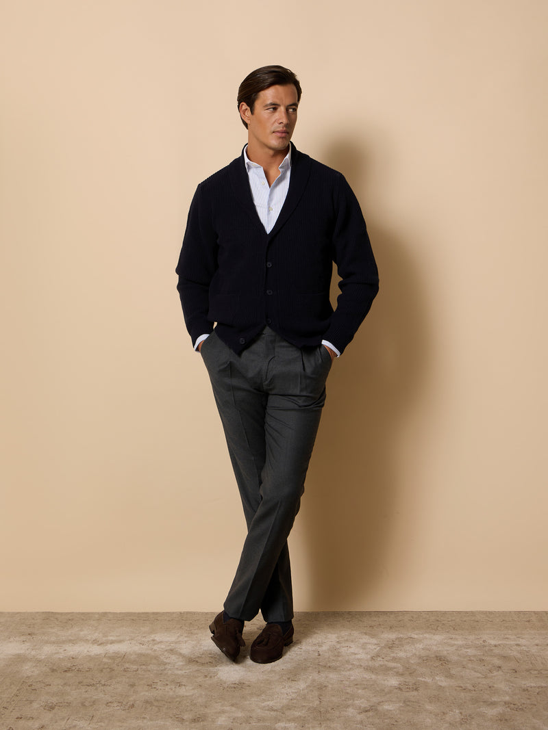 Unique navy blue shawl collar cardigan