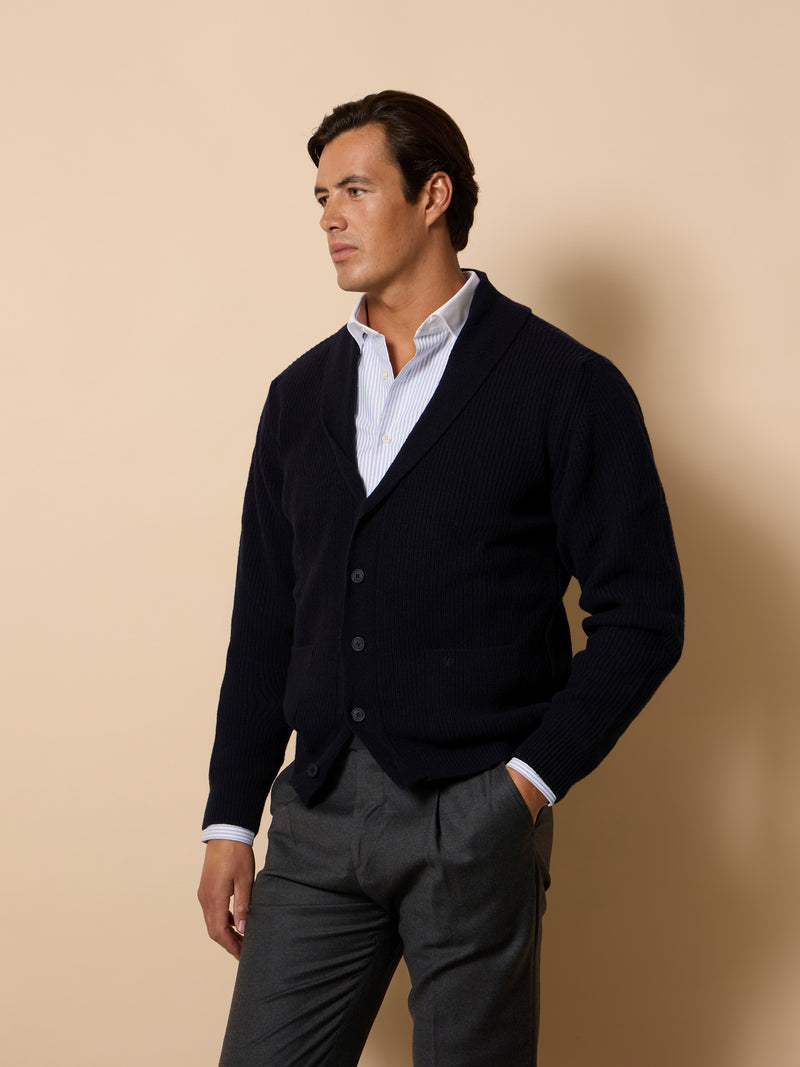 Unique navy blue shawl collar cardigan