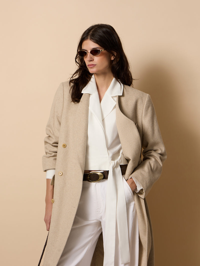 Long unique double-breasted beige coat