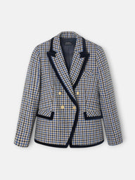 Double-breasted blue checkered blazer with velvet trim