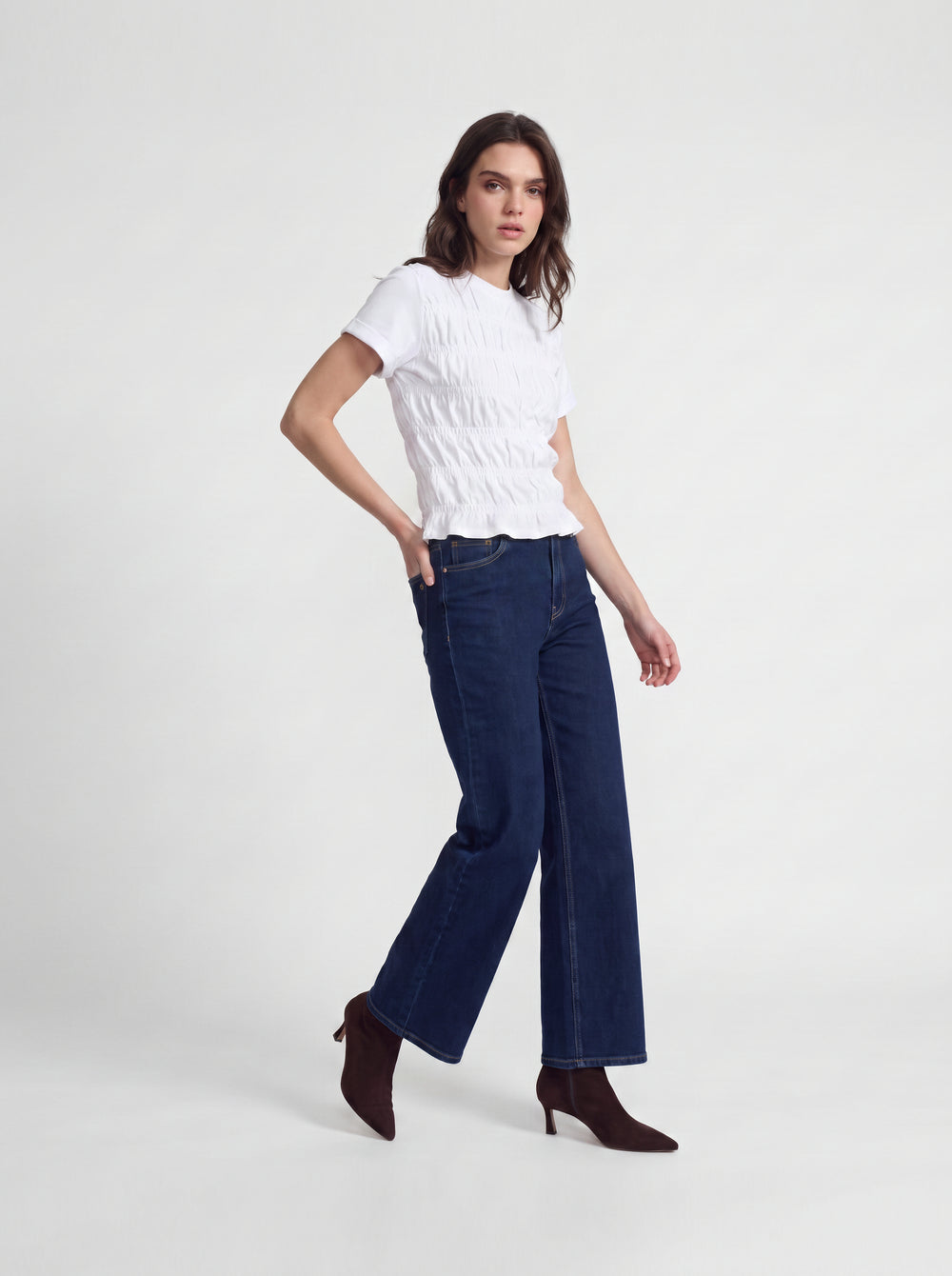 White smocked knit women's t-shirt