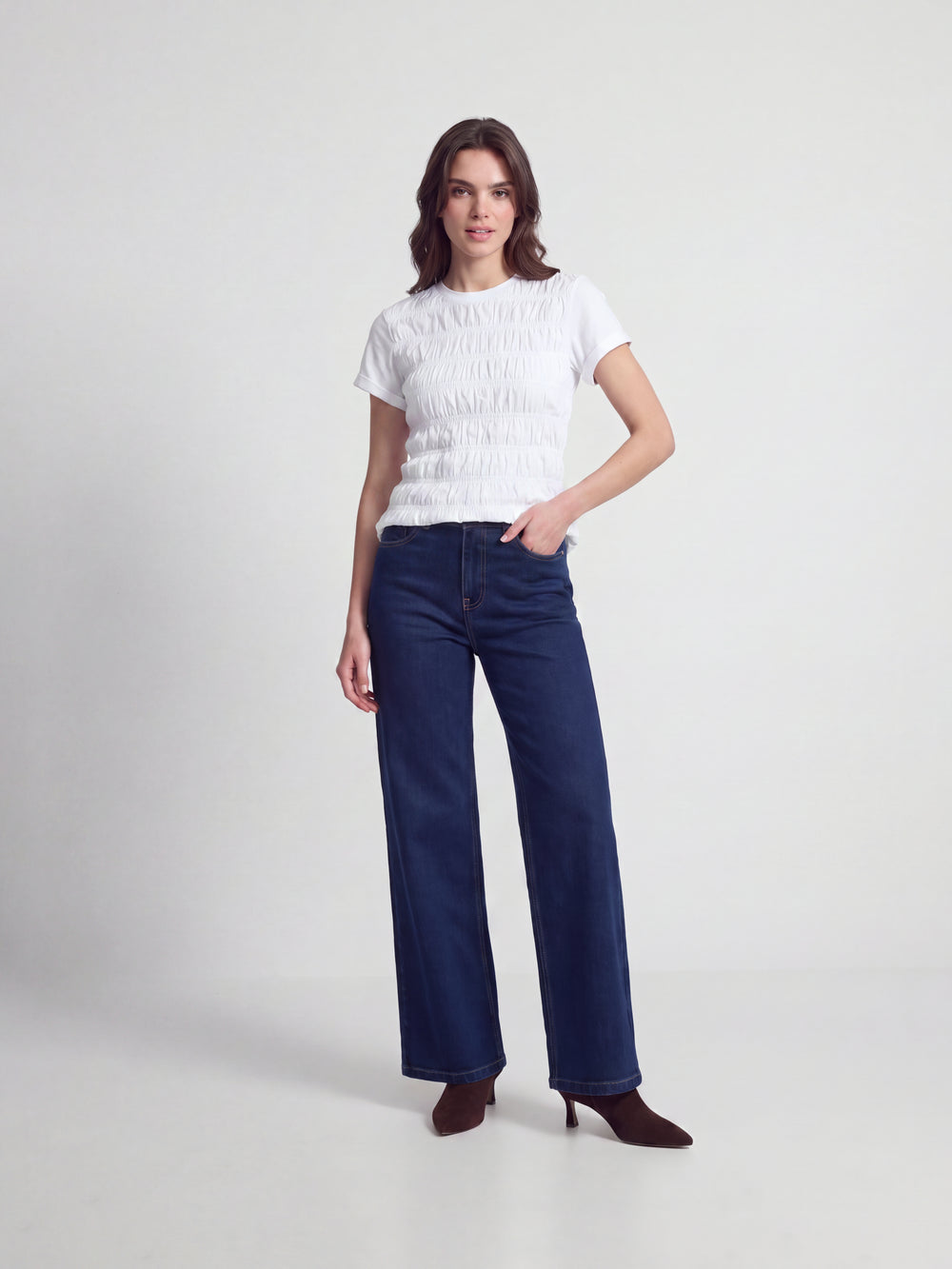 White smocked knit women's t-shirt