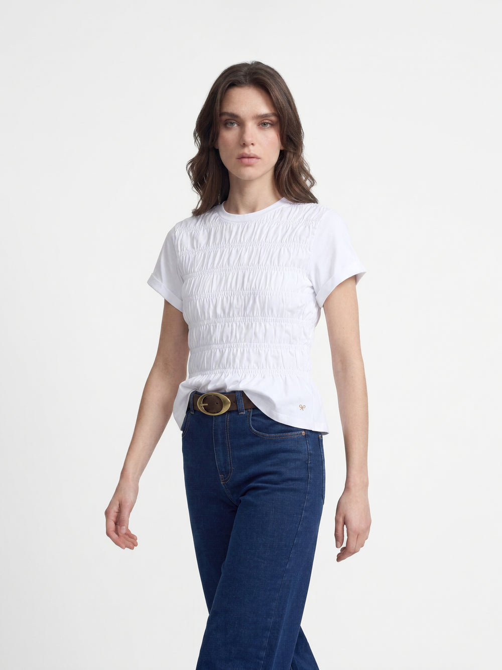 White smocked knit women's t-shirt