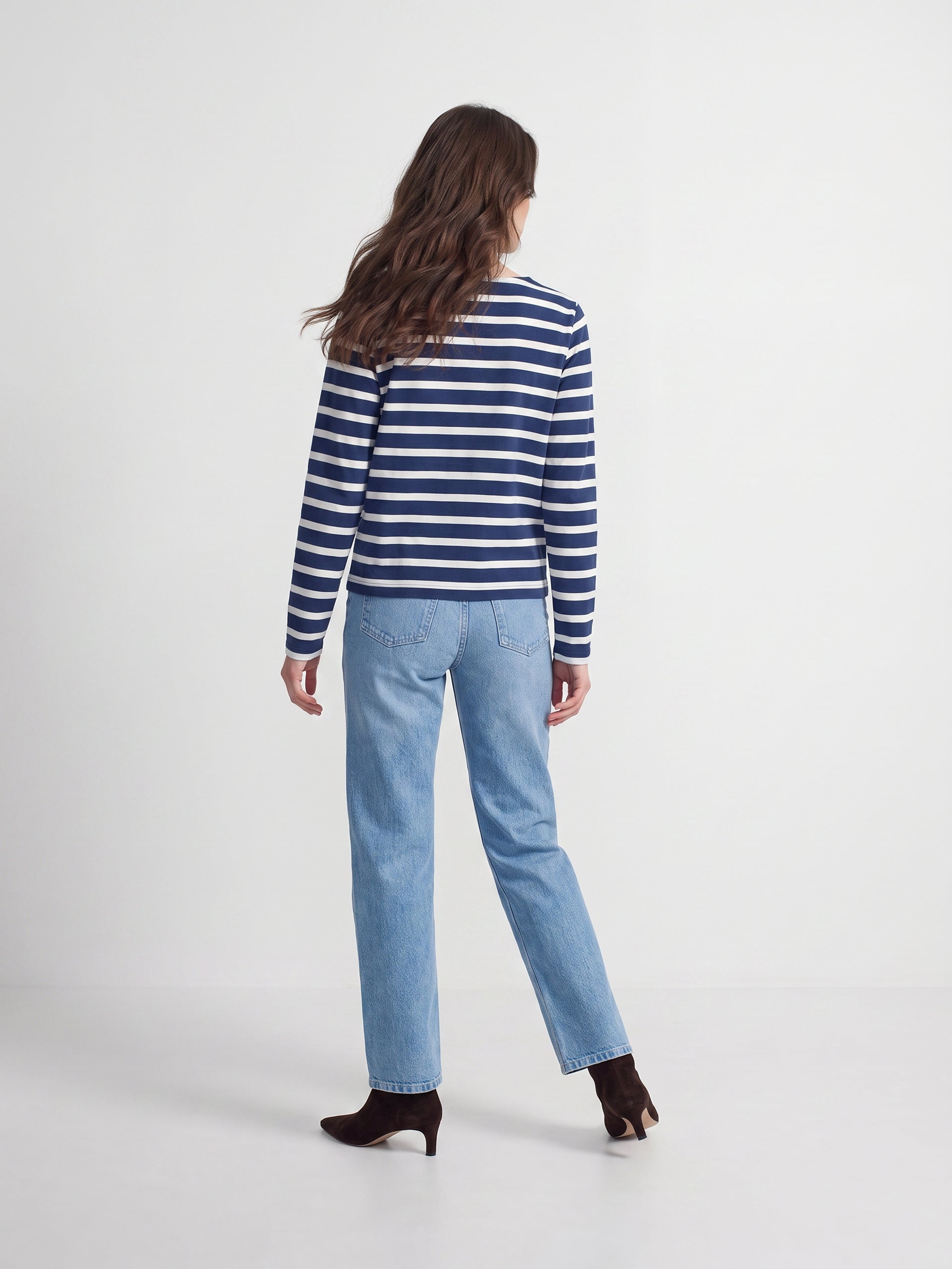 Women's navy blue striped bow t-shirt