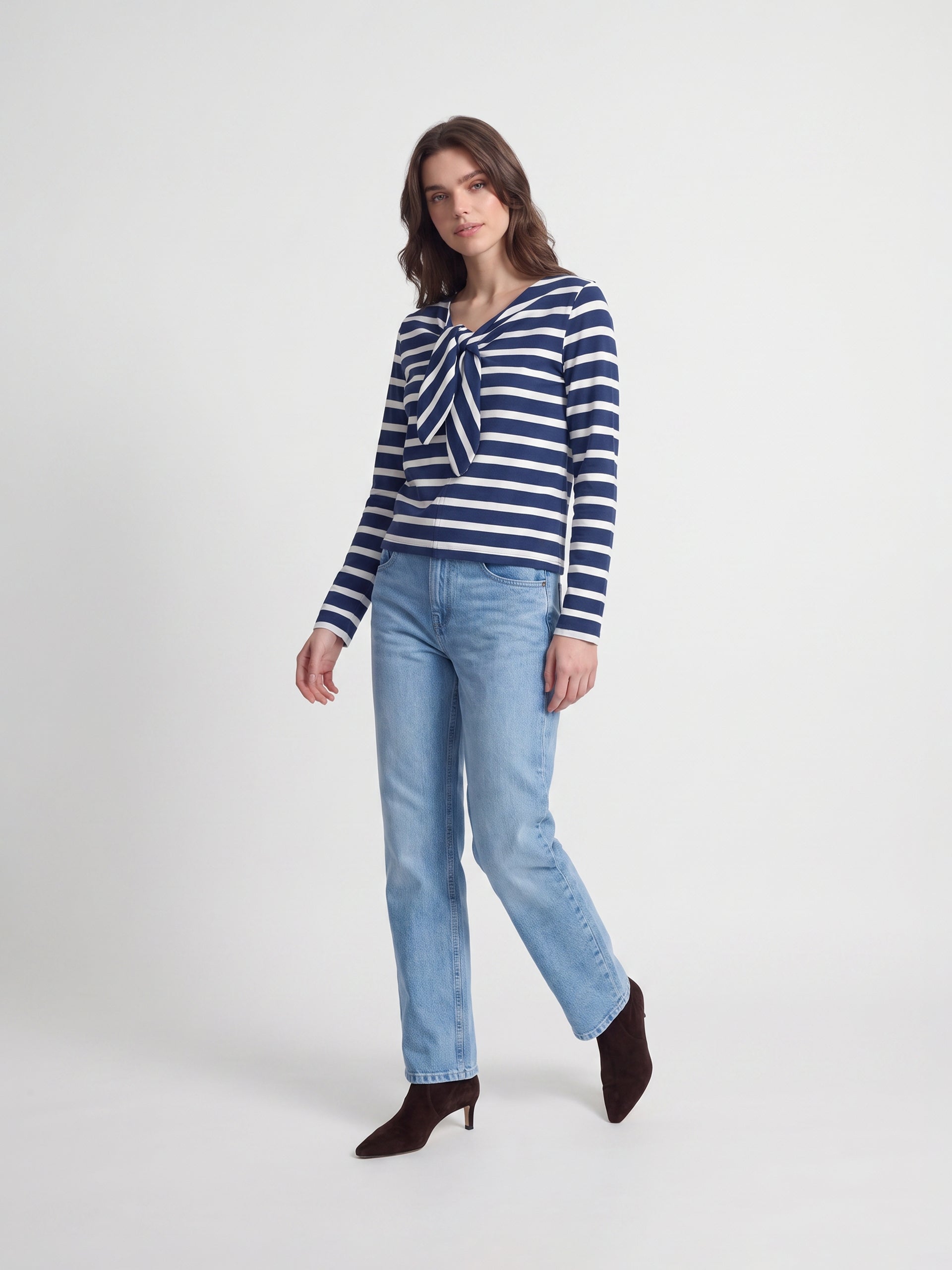 Women's navy blue striped bow t-shirt