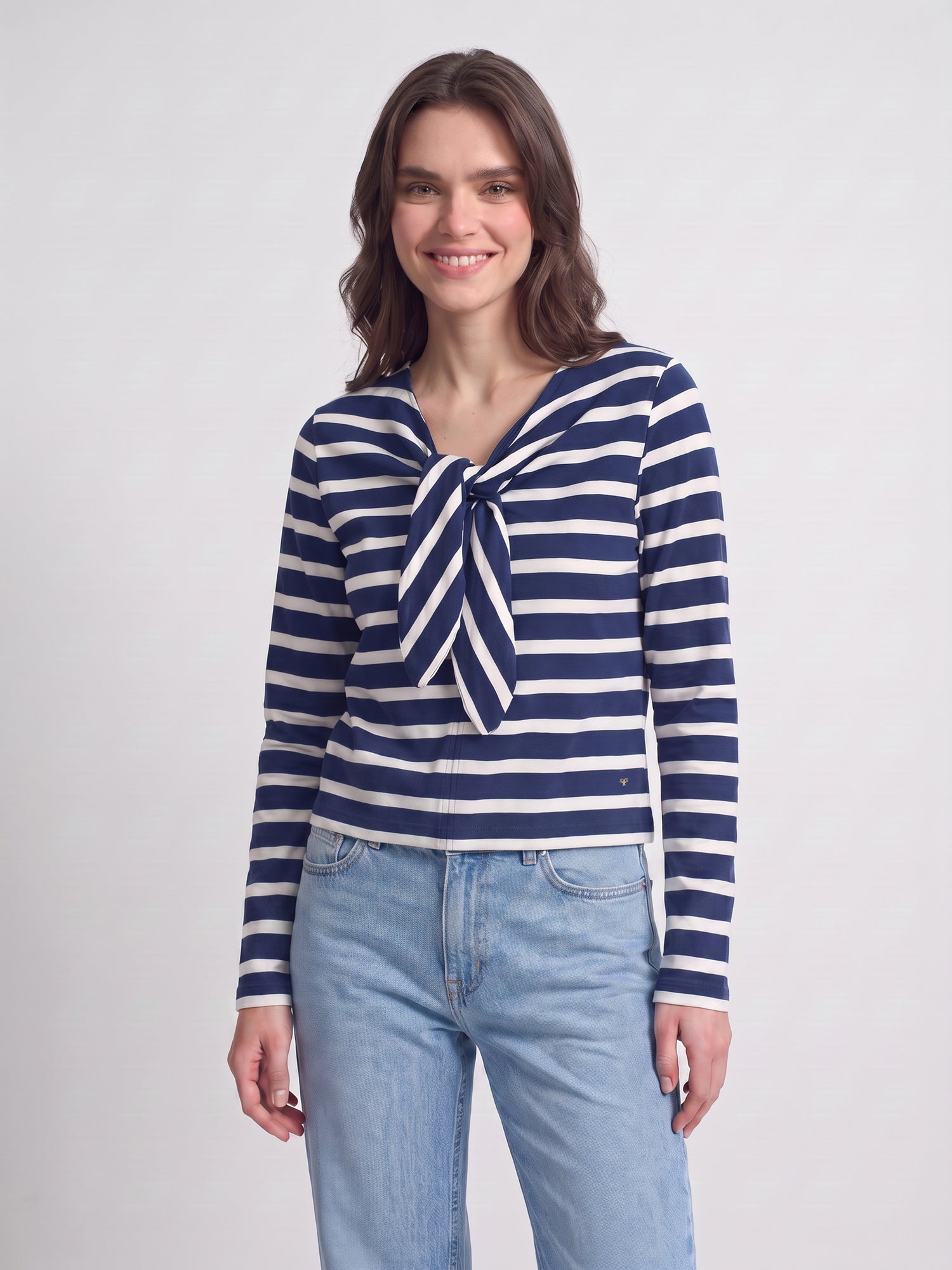 Camiseta mulher laço riscas azul-marinho