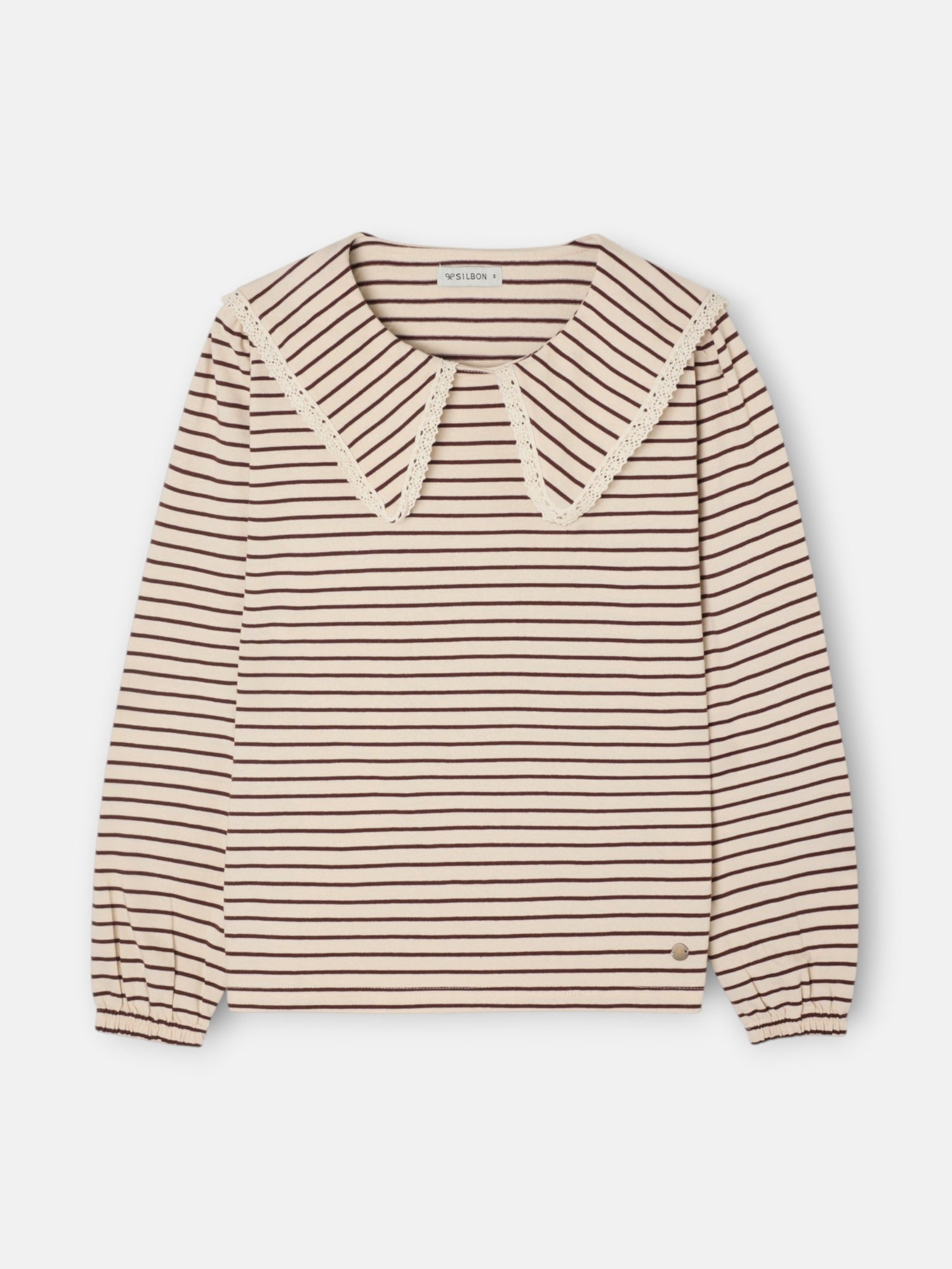 Camiseta manga larga cuello bobo rayas camel