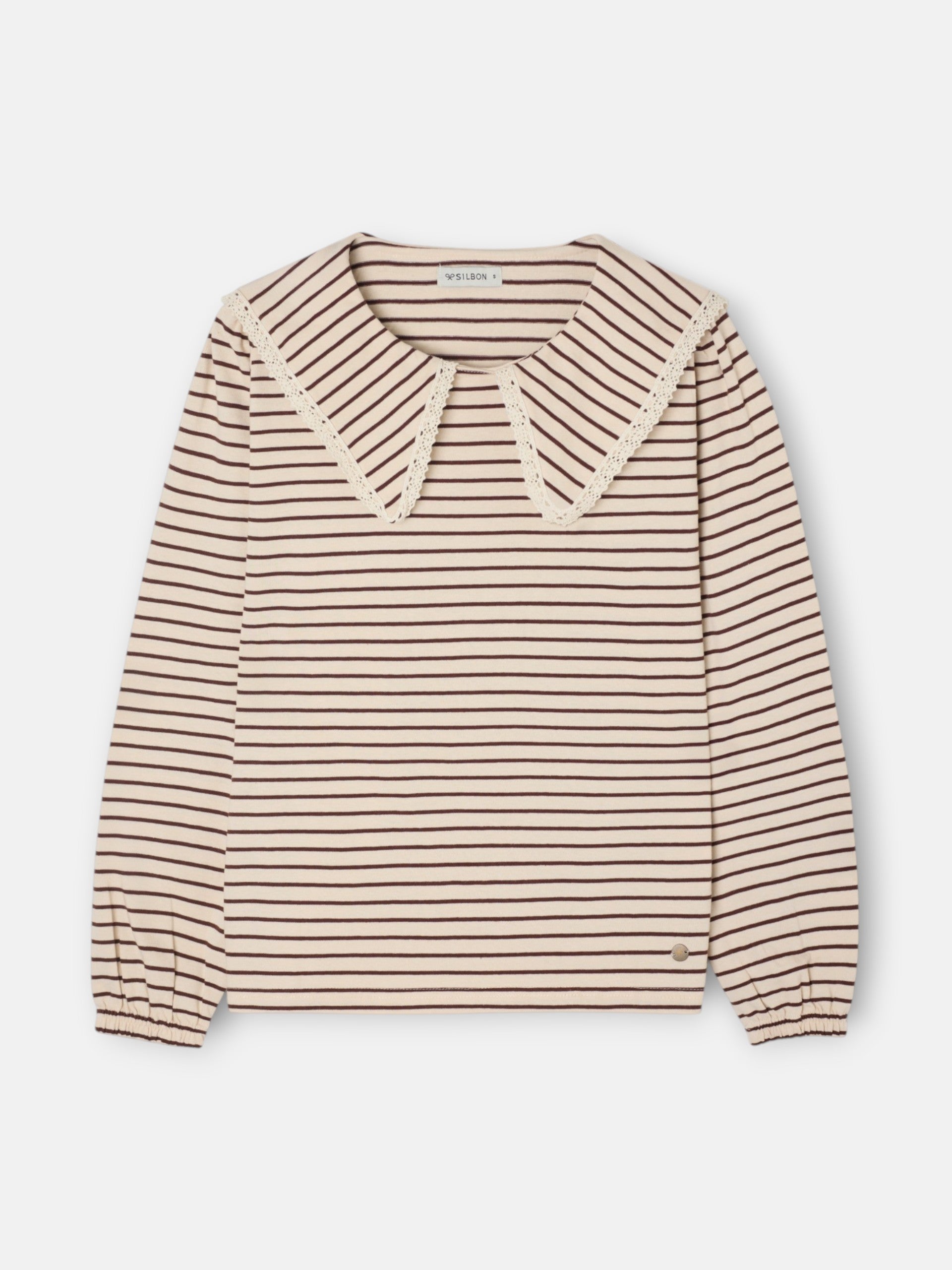 Camiseta manga larga cuello bobo rayas camel