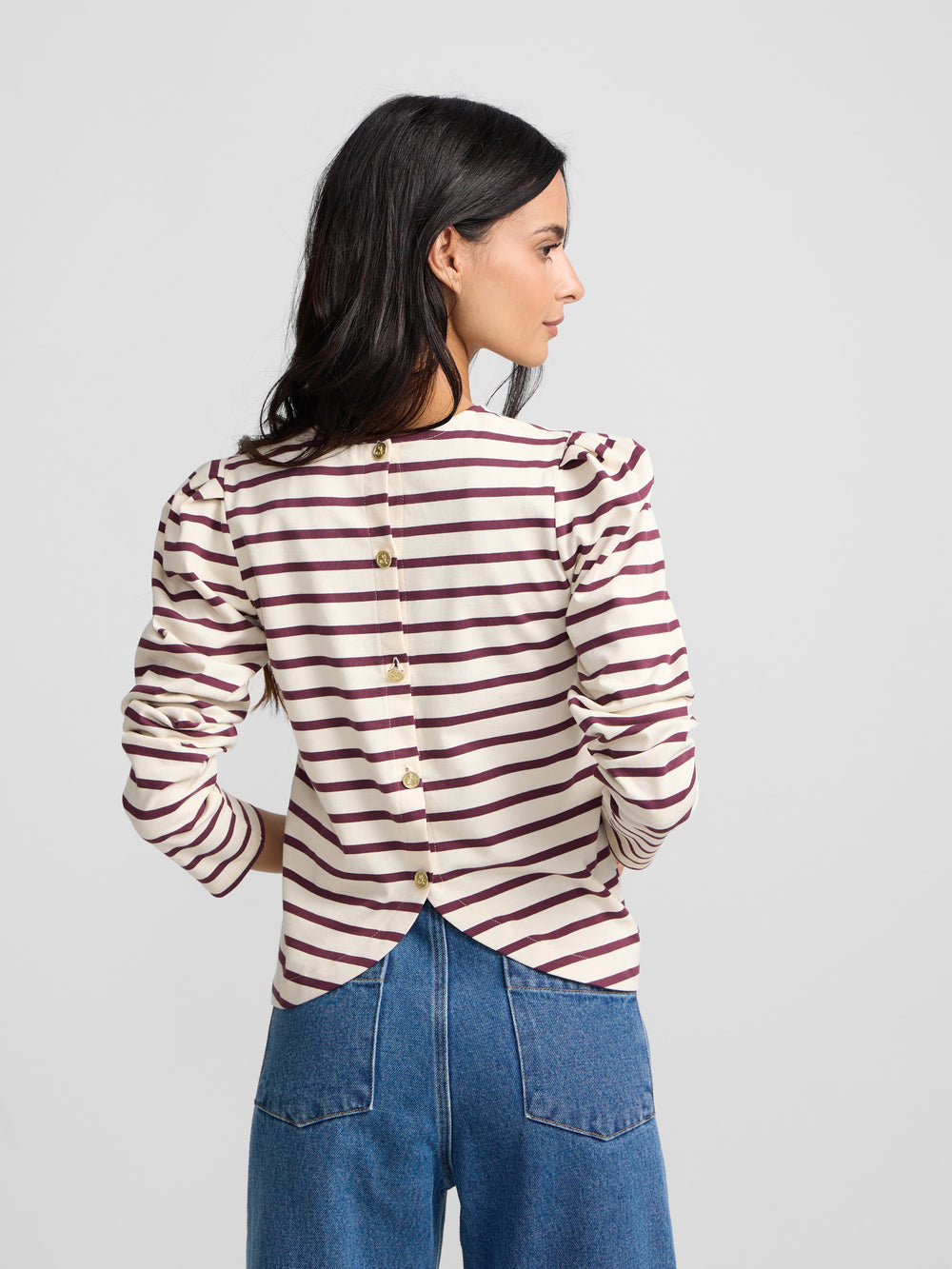 Camiseta woman manga larga abullonada rayas granate