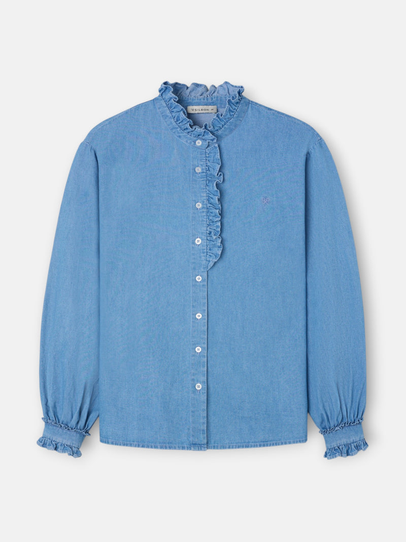 Denim shirt with ruffle collar and cuff detail