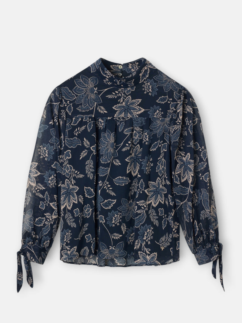 Blue floral print blouse with tied sleeves
