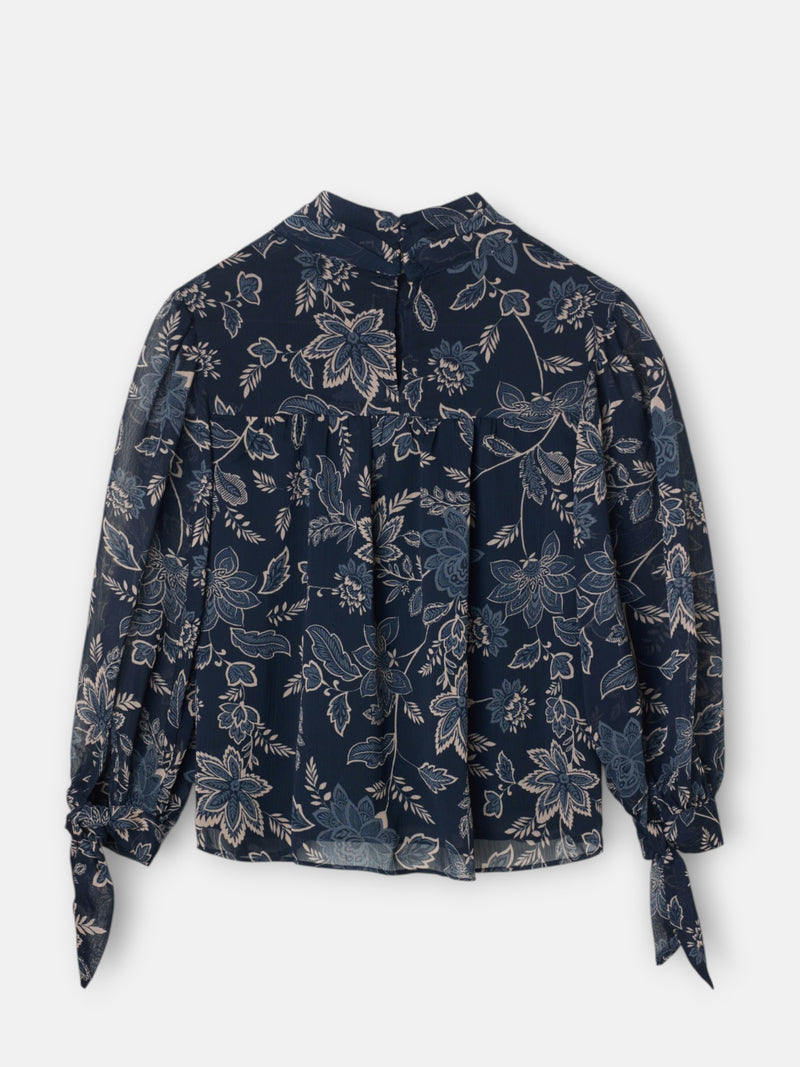 Blue floral print blouse with tied sleeves