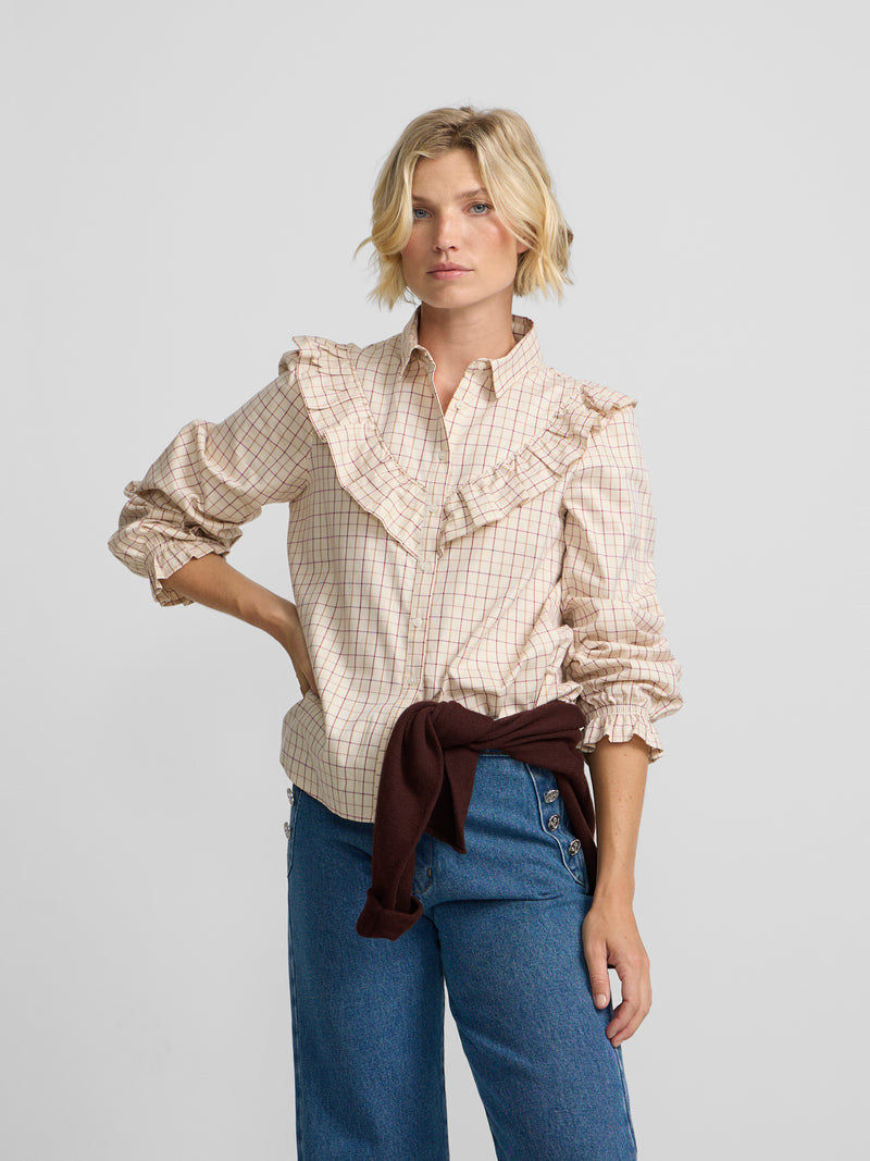 Camisa volantes cuadros beige