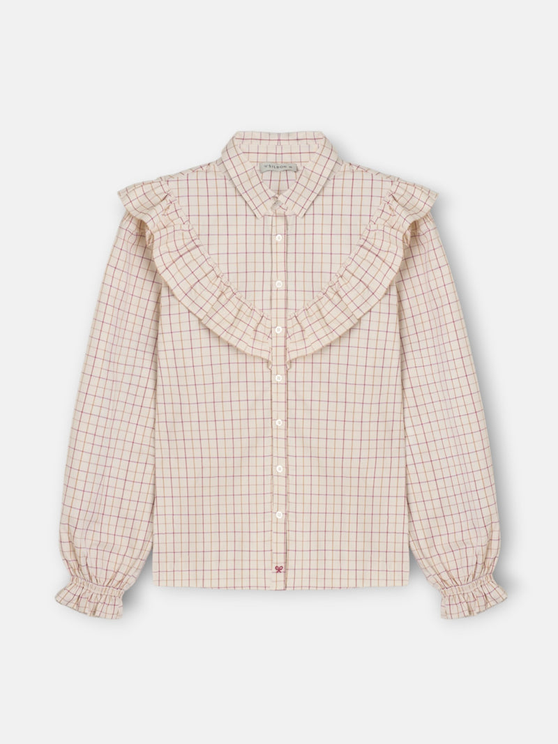 Camisa volantes cuadros beige
