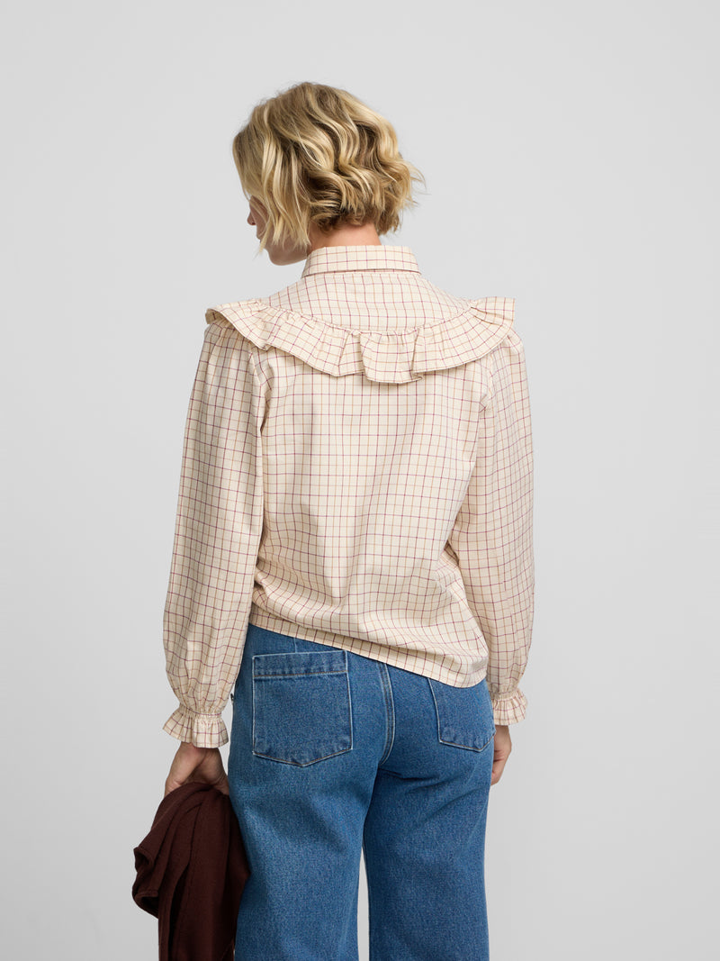 Camisa volantes cuadros beige