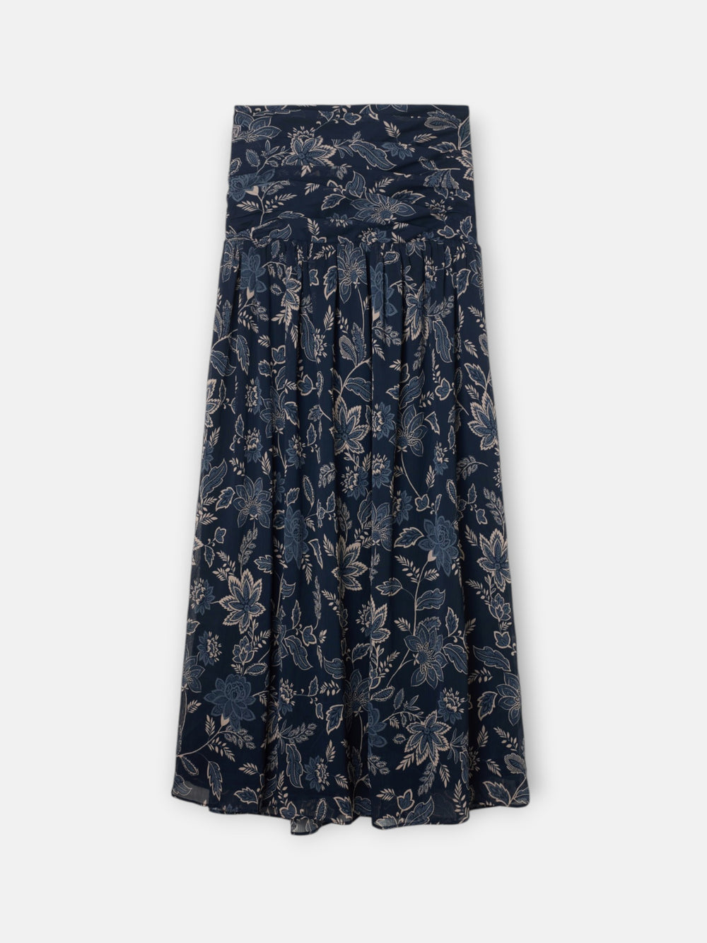 Long skirt with gathered waist and blue floral print