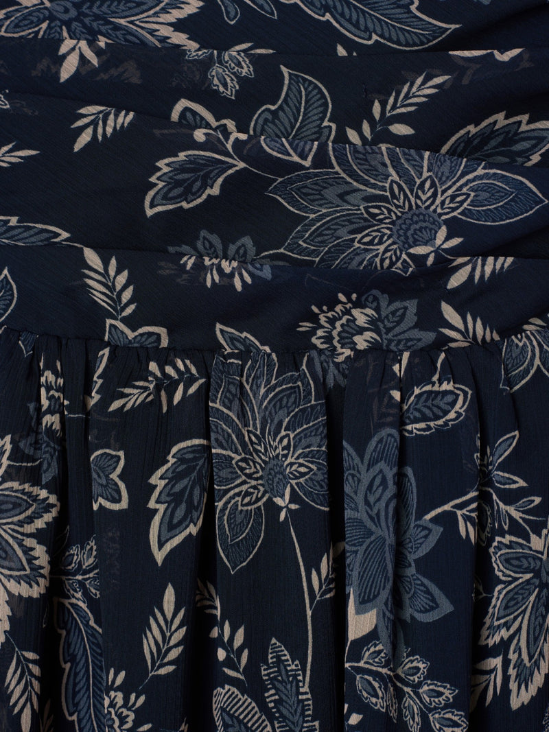Long skirt with gathered waist and blue floral print