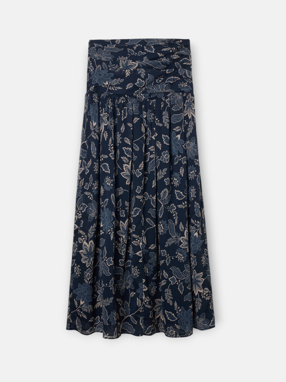Long skirt with gathered waist and blue floral print