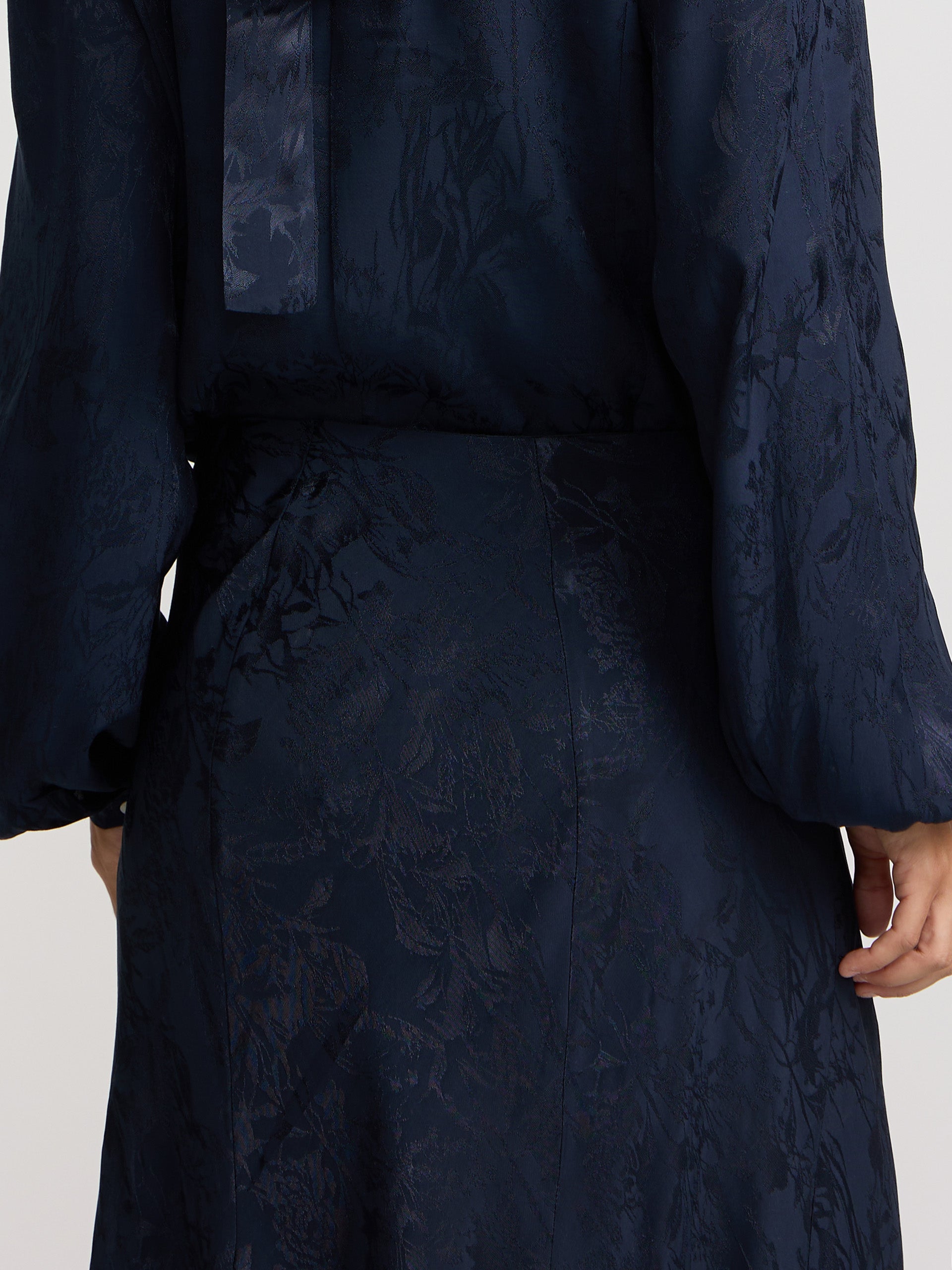 Navy blue jacquard flared midi skirt