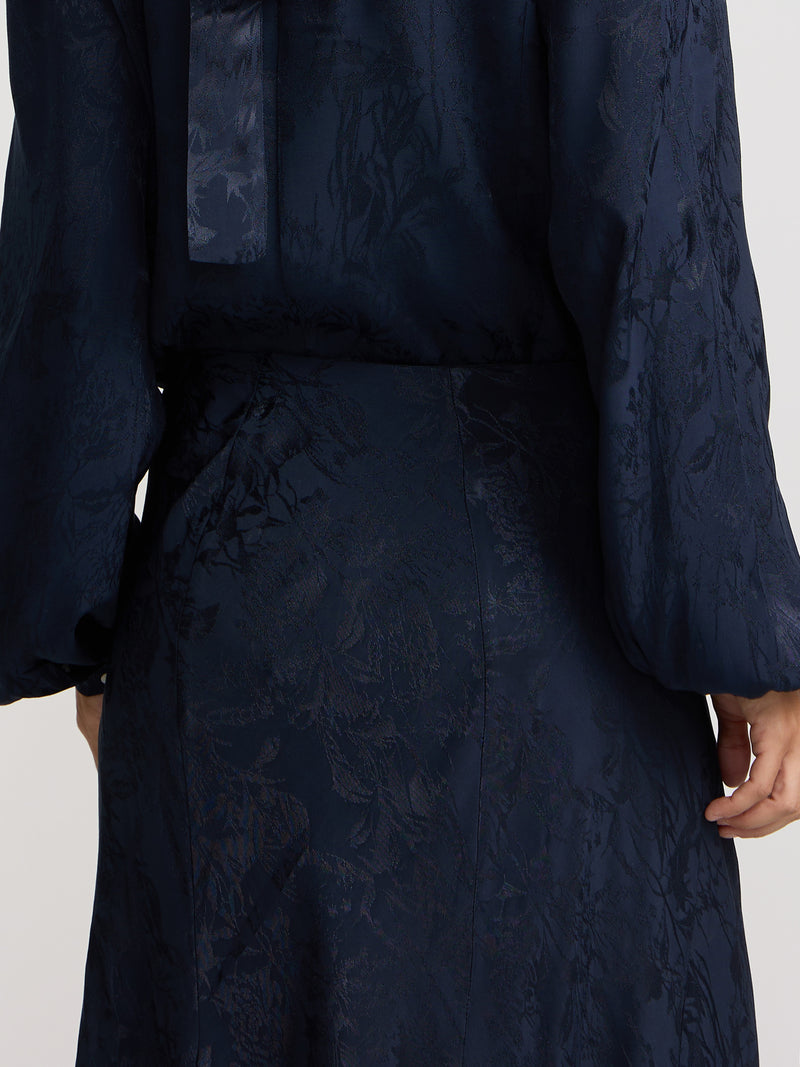 Falda midi evase jacquard azul marino