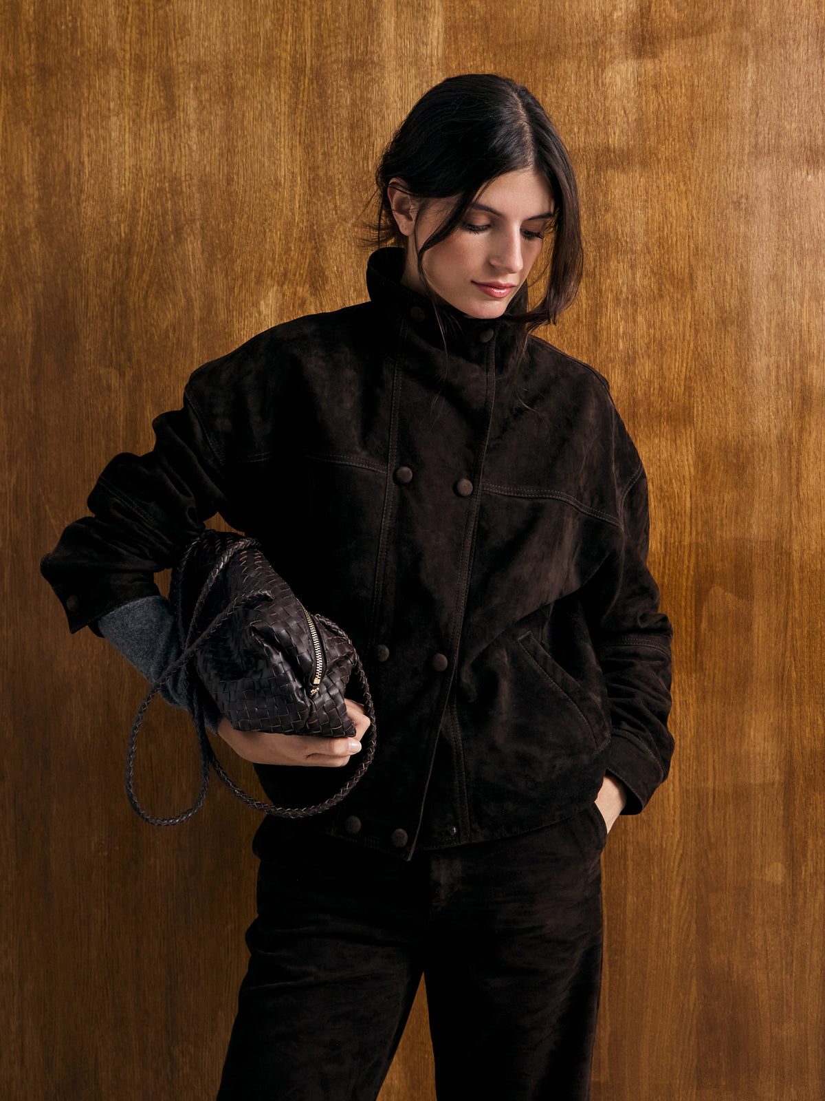 Blouson aviateur en cuir suédé marron