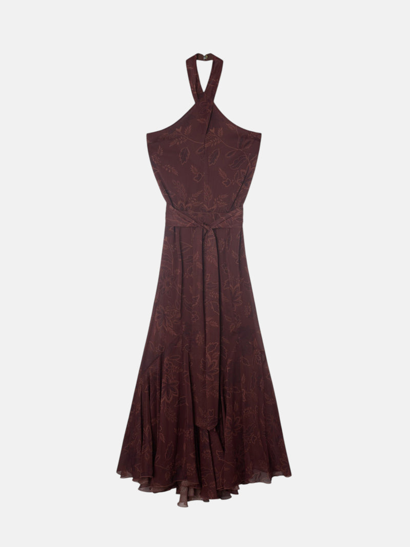 Vestido cuello halter estampado marron