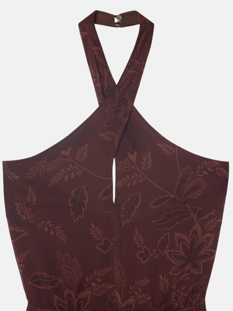 Vestido cuello halter estampado marron
