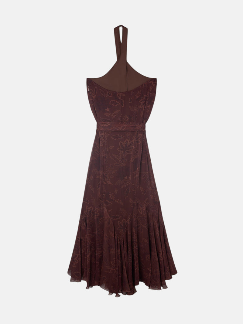 Vestido cuello halter estampado marron