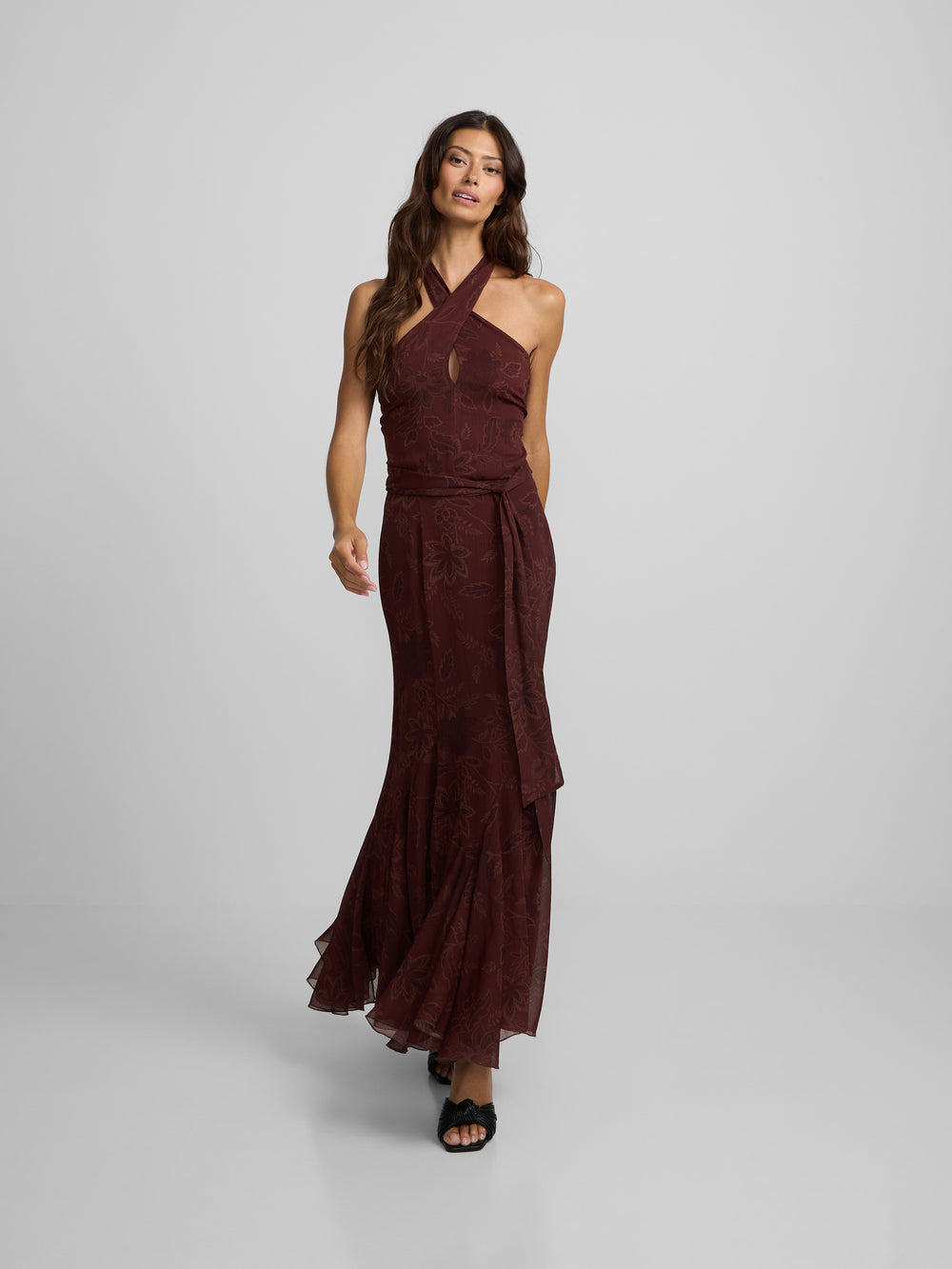 Brown printed halter neck dress