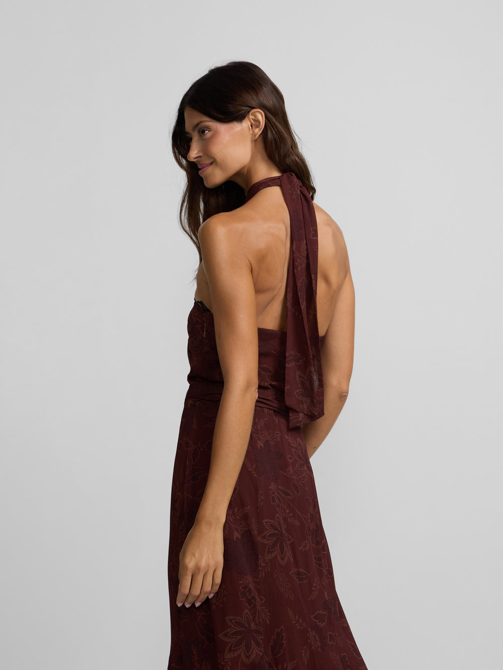 Brown printed halter neck dress