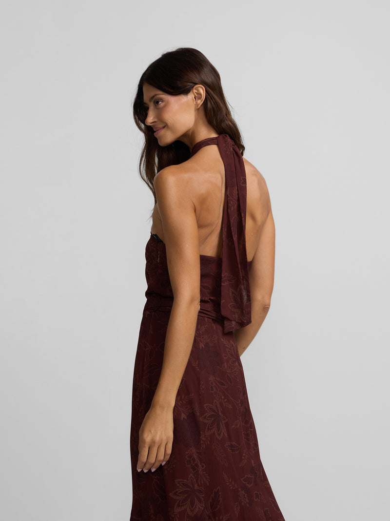 Vestido cuello halter estampado marron