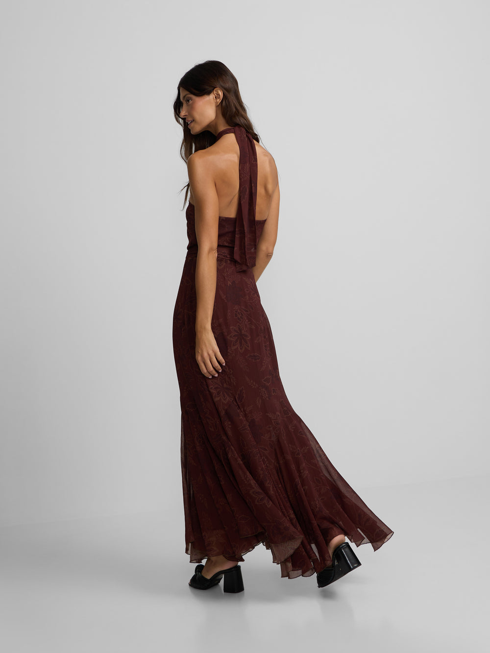 Brown printed halter neck dress