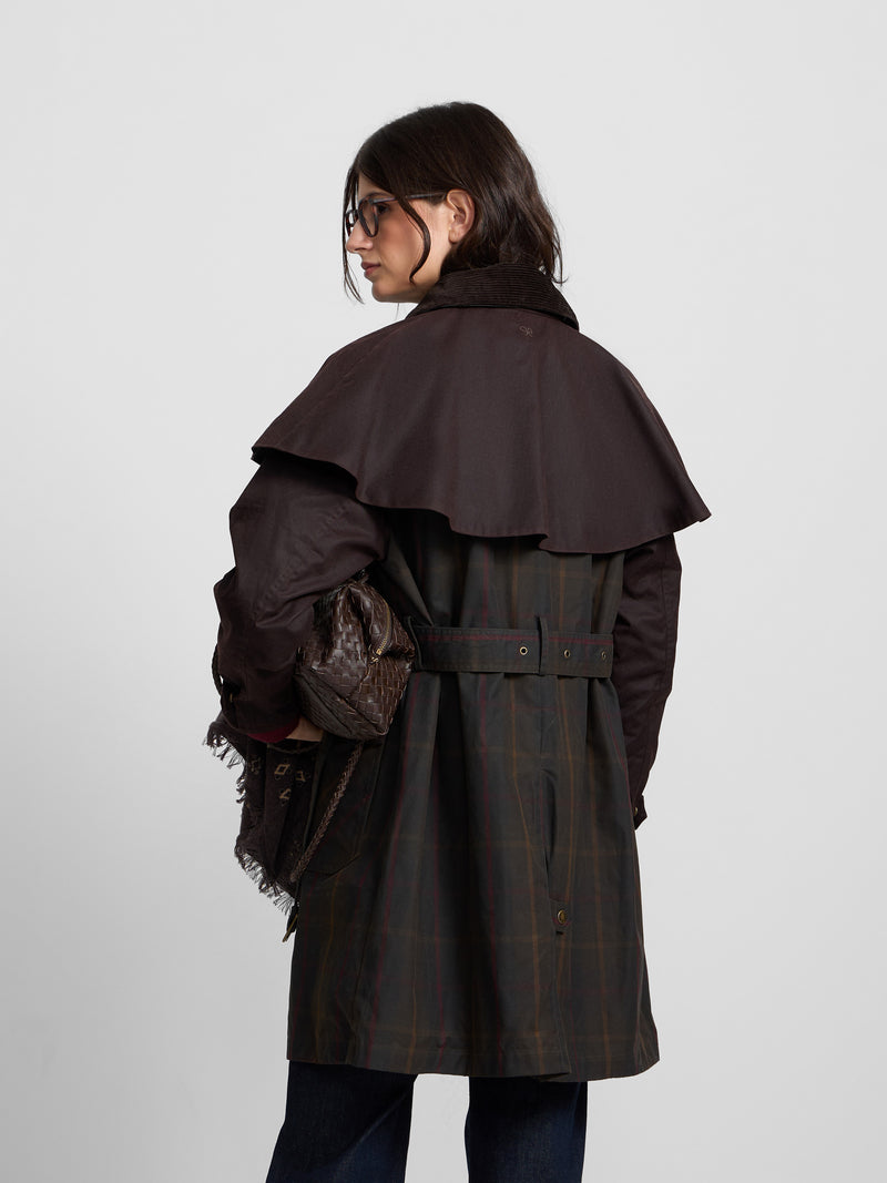 Parka cirée à col en velours côtelé à carreaux bordeaux