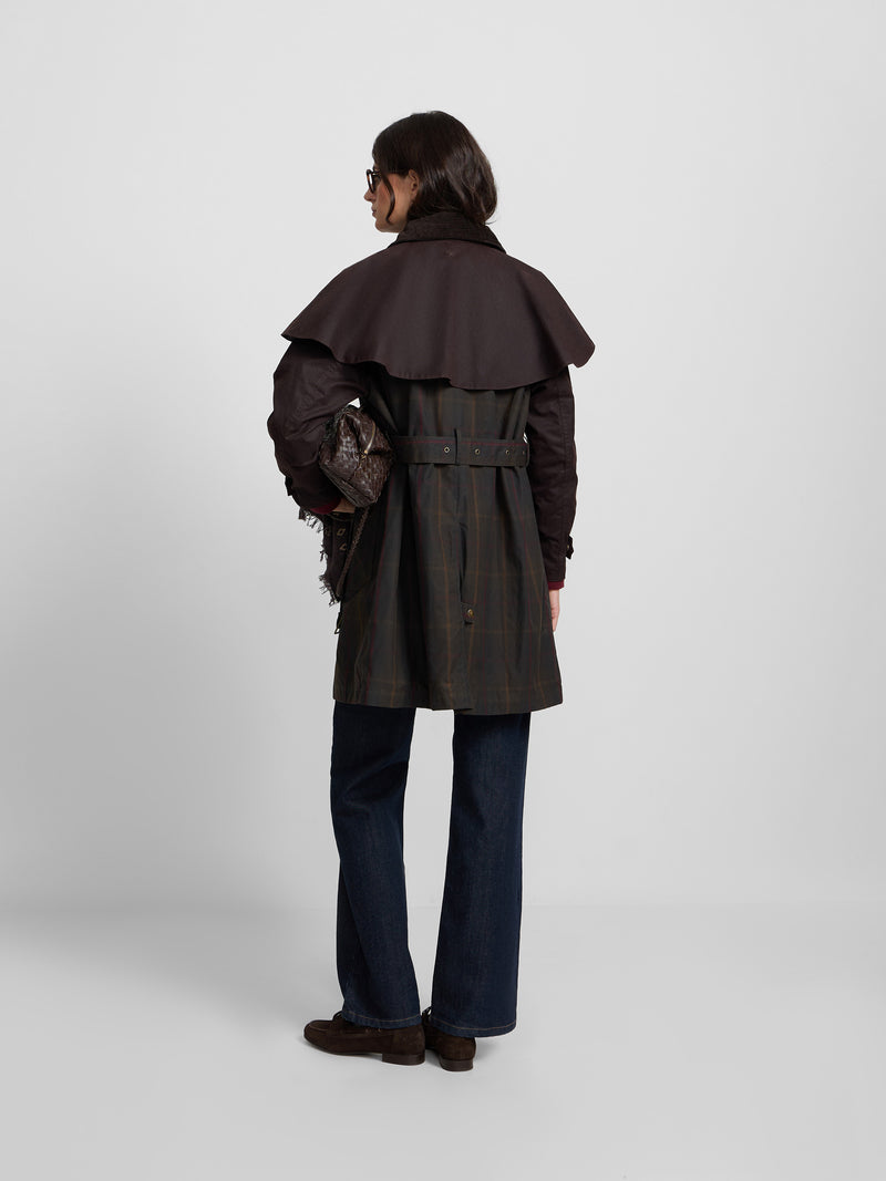 Parka cirée à col en velours côtelé à carreaux bordeaux