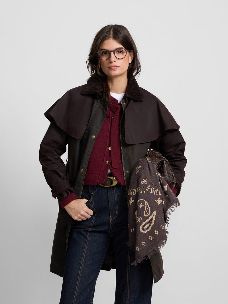 Parka cirée à col en velours côtelé à carreaux bordeaux