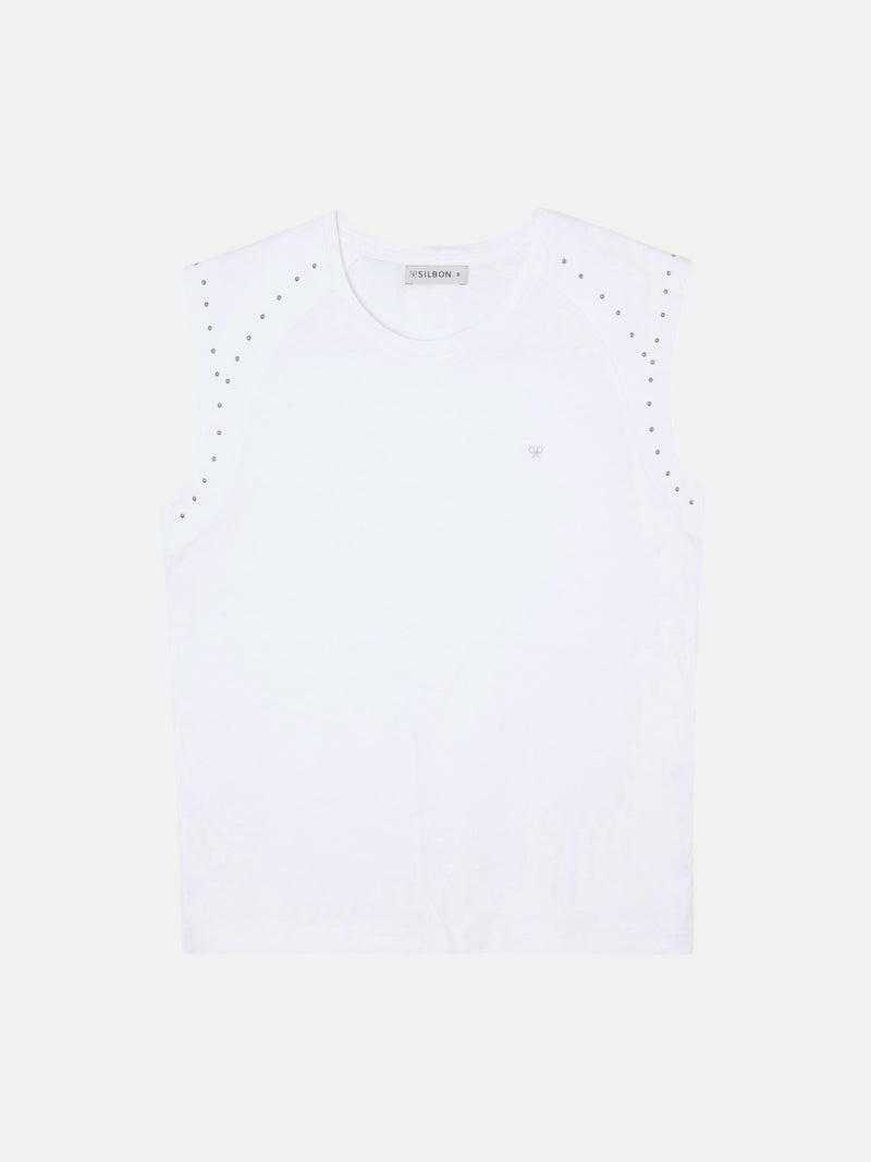 Camiseta mulher ombreiras detalhe tachas branca