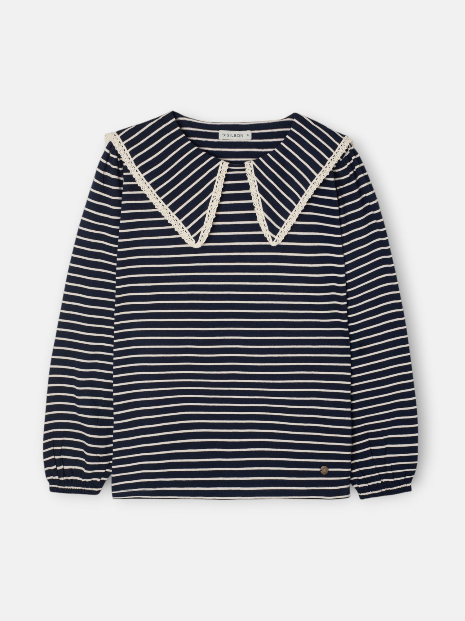 Camiseta manga larga cuello bobo rayas azul marino