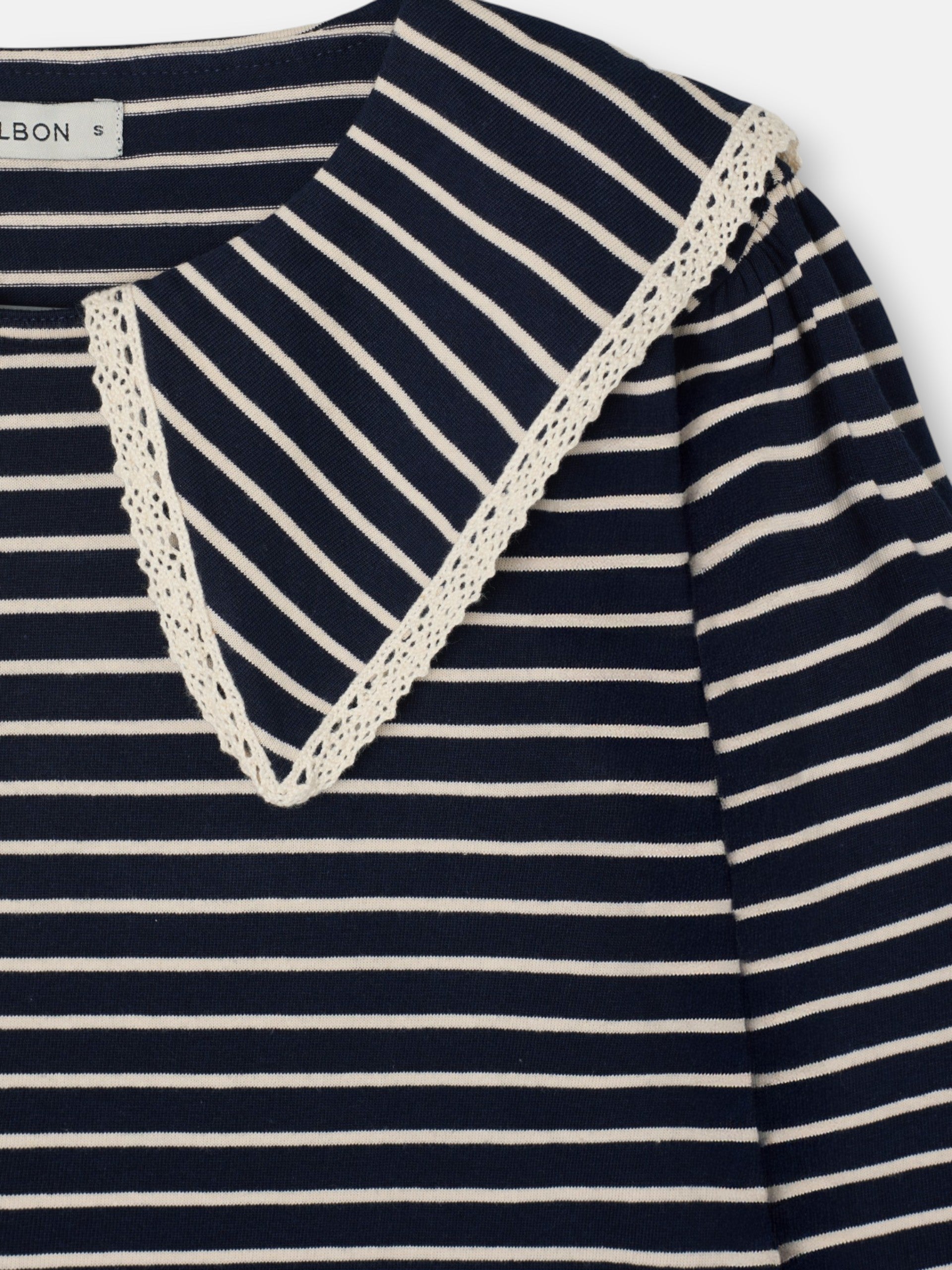 Camiseta manga larga cuello bobo rayas azul marino