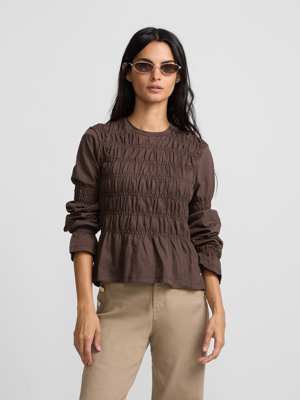 Camiseta woman manga larga punto smock marron