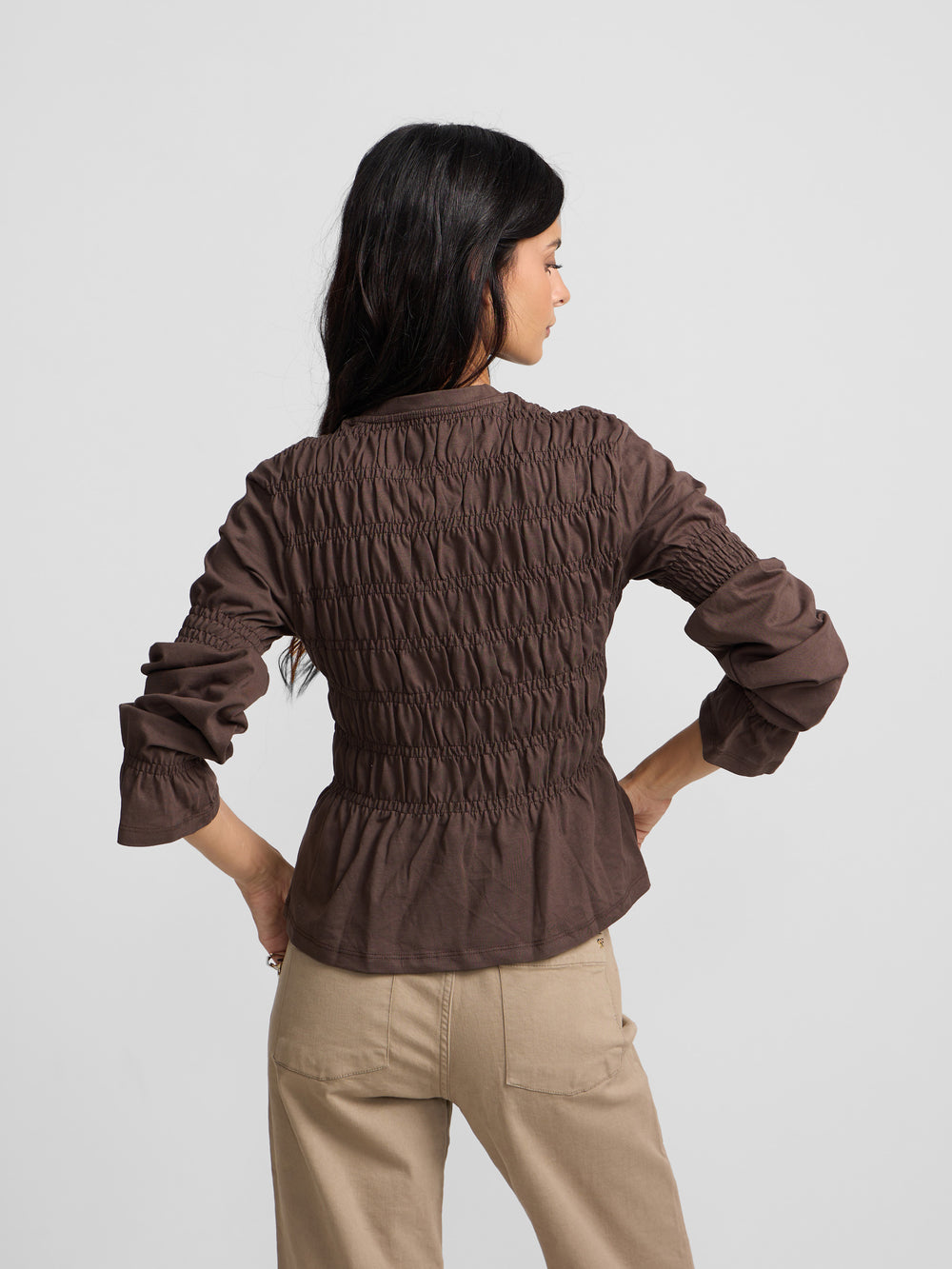 Camiseta woman manga larga punto smock marron
