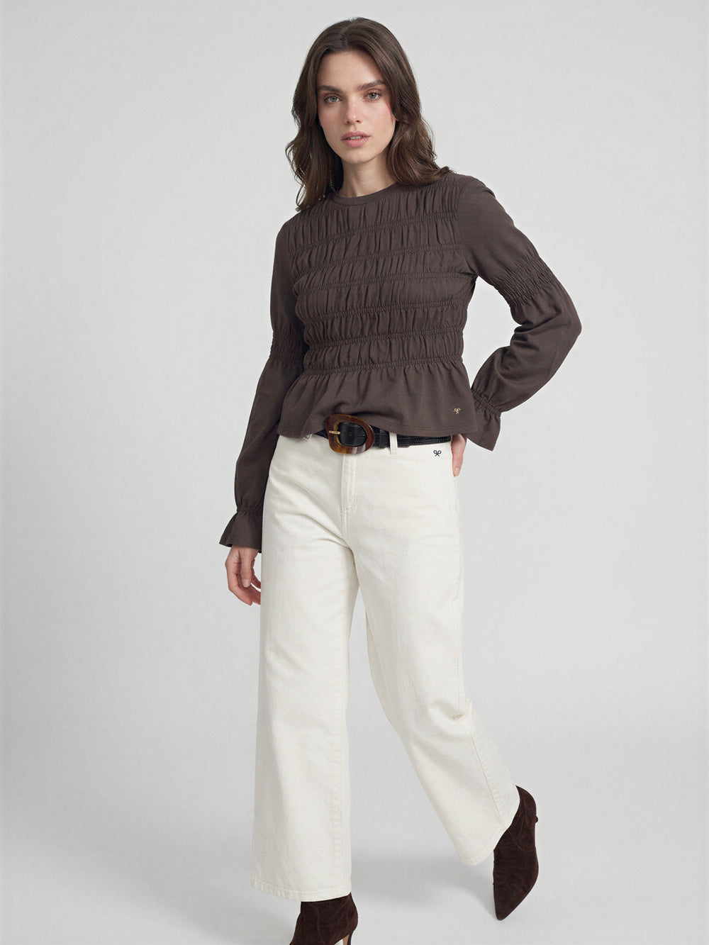 Camiseta woman manga larga punto smock marron