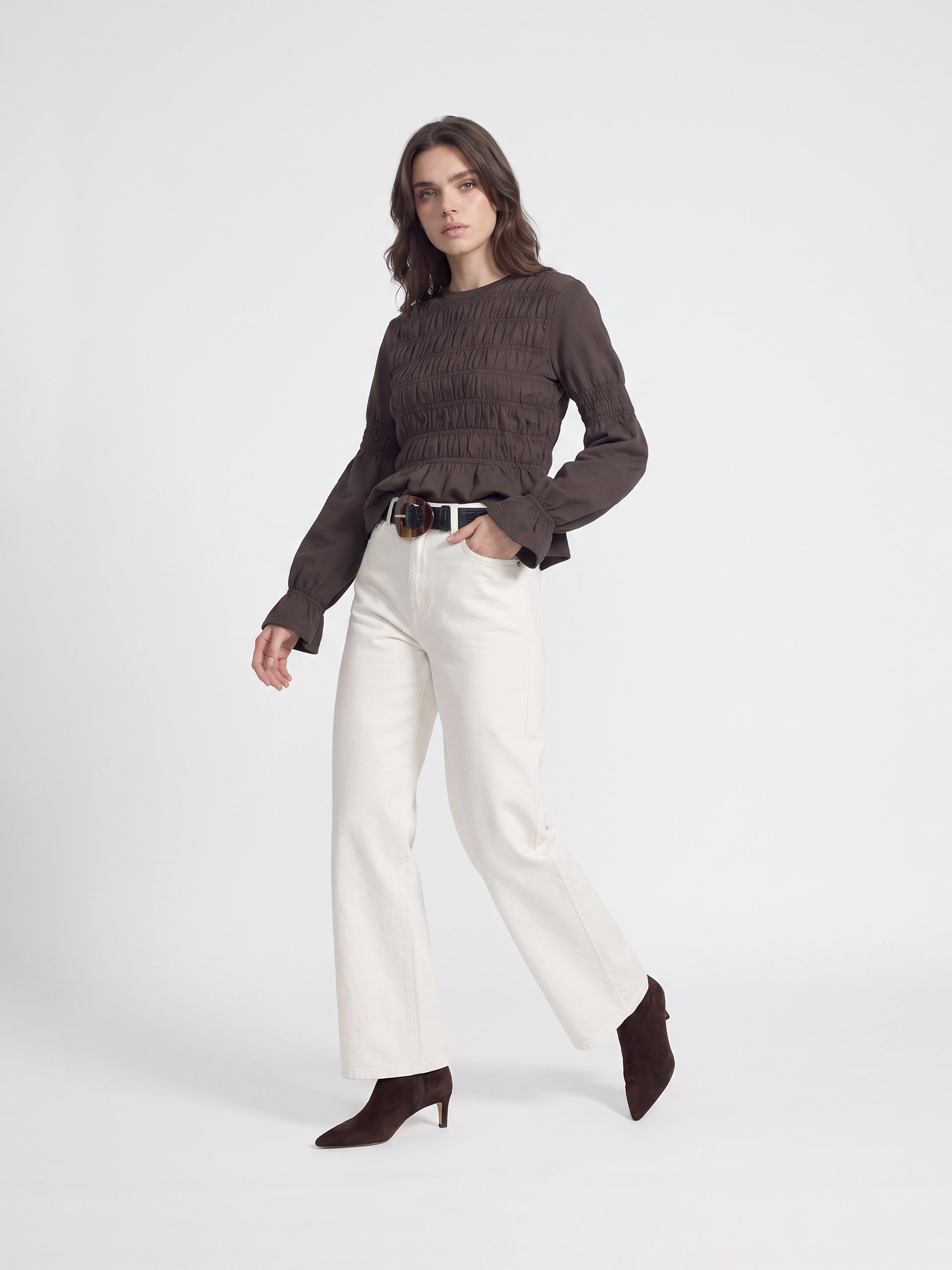 Camisola mulher manga comprida malha smock castanha