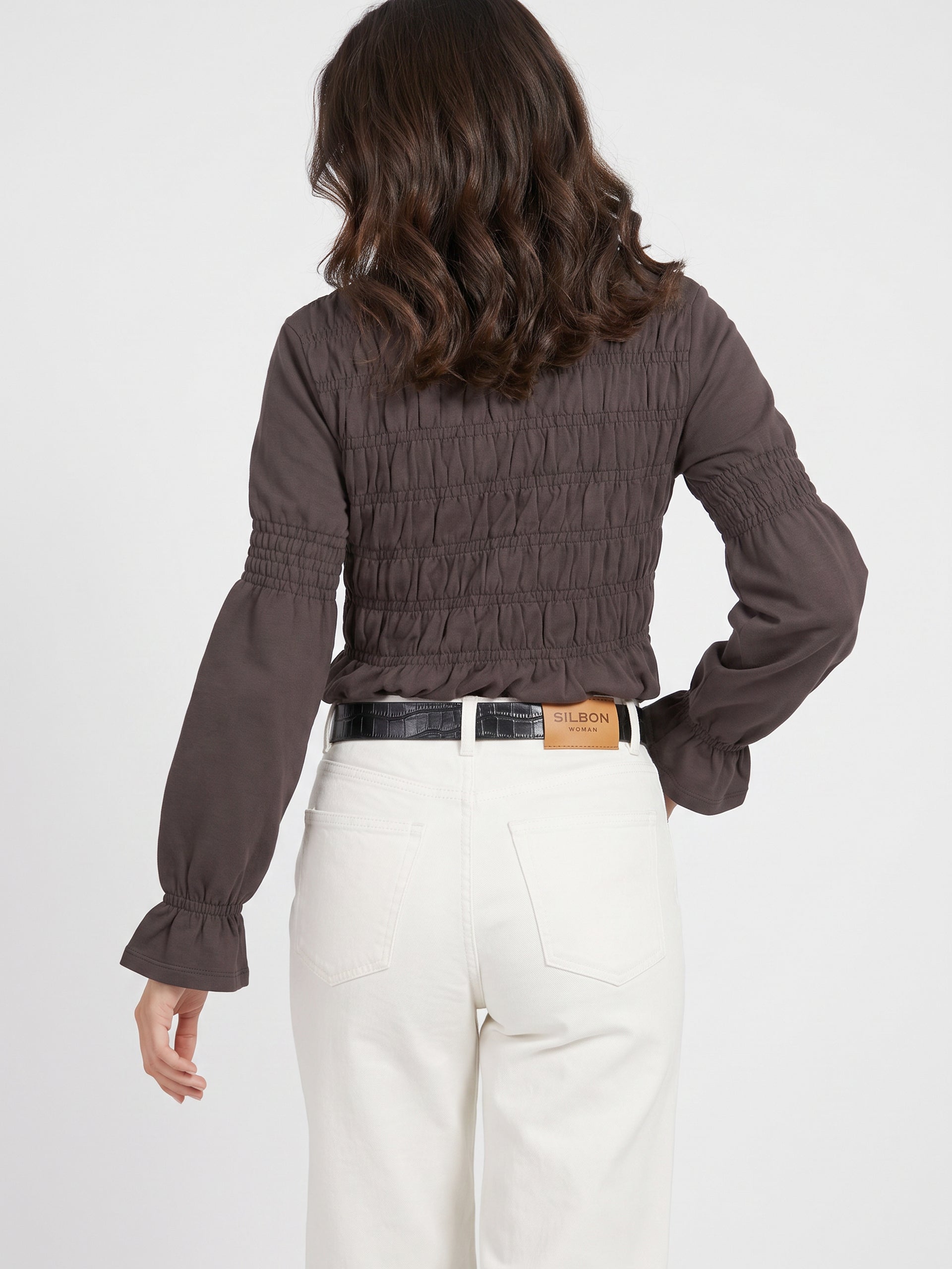 Camisola mulher manga comprida malha smock castanha