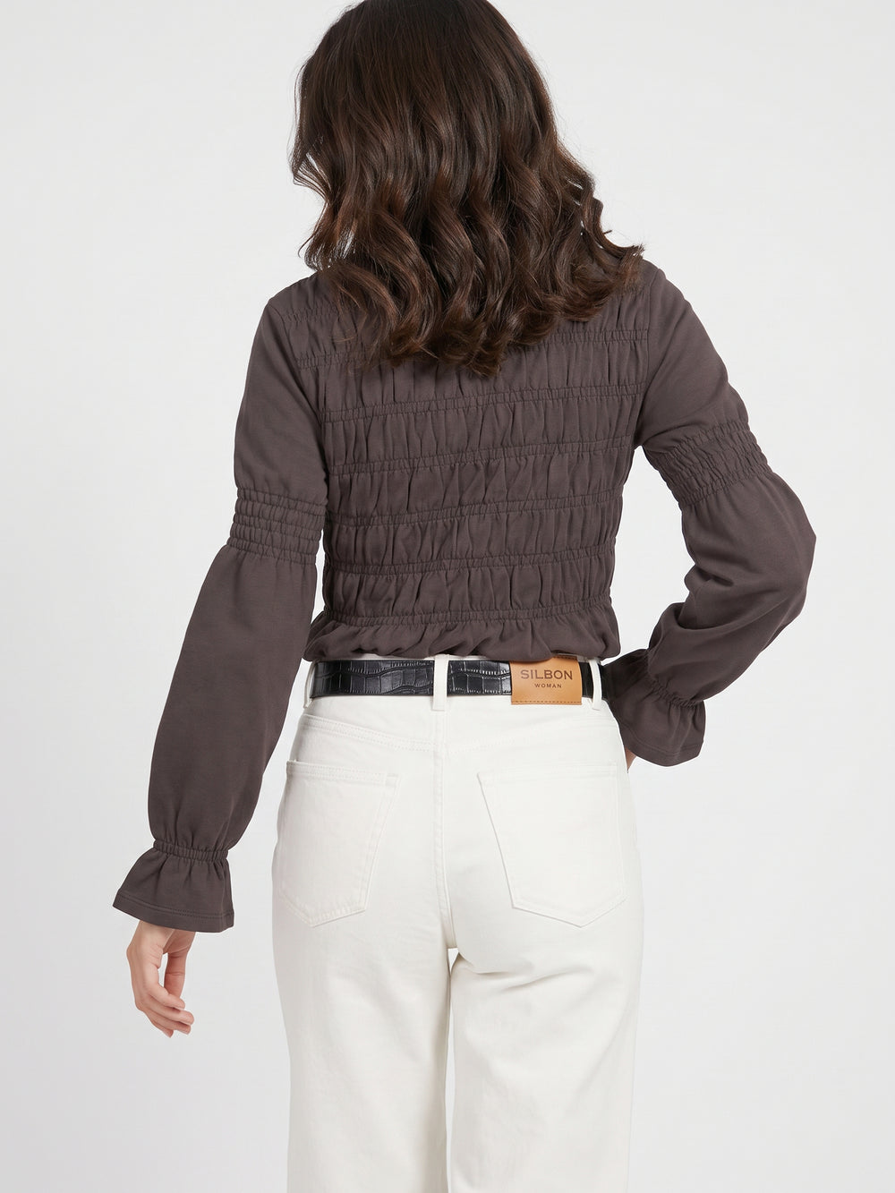 Camiseta woman manga larga punto smock marron
