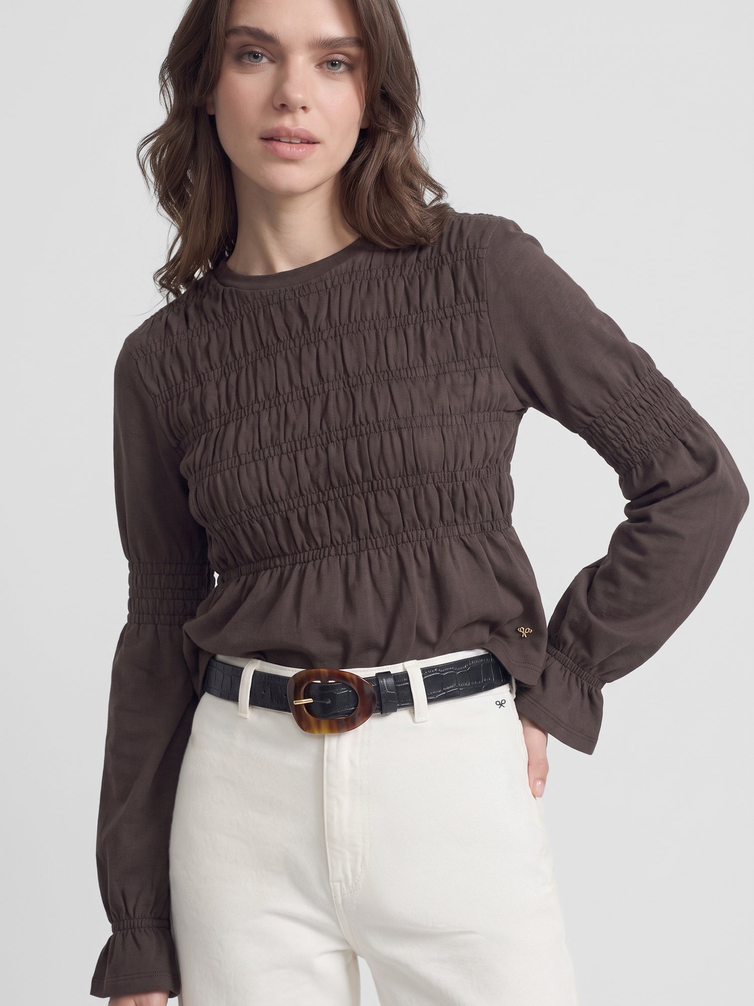 T-shirt femme manches longues en maille smock marron