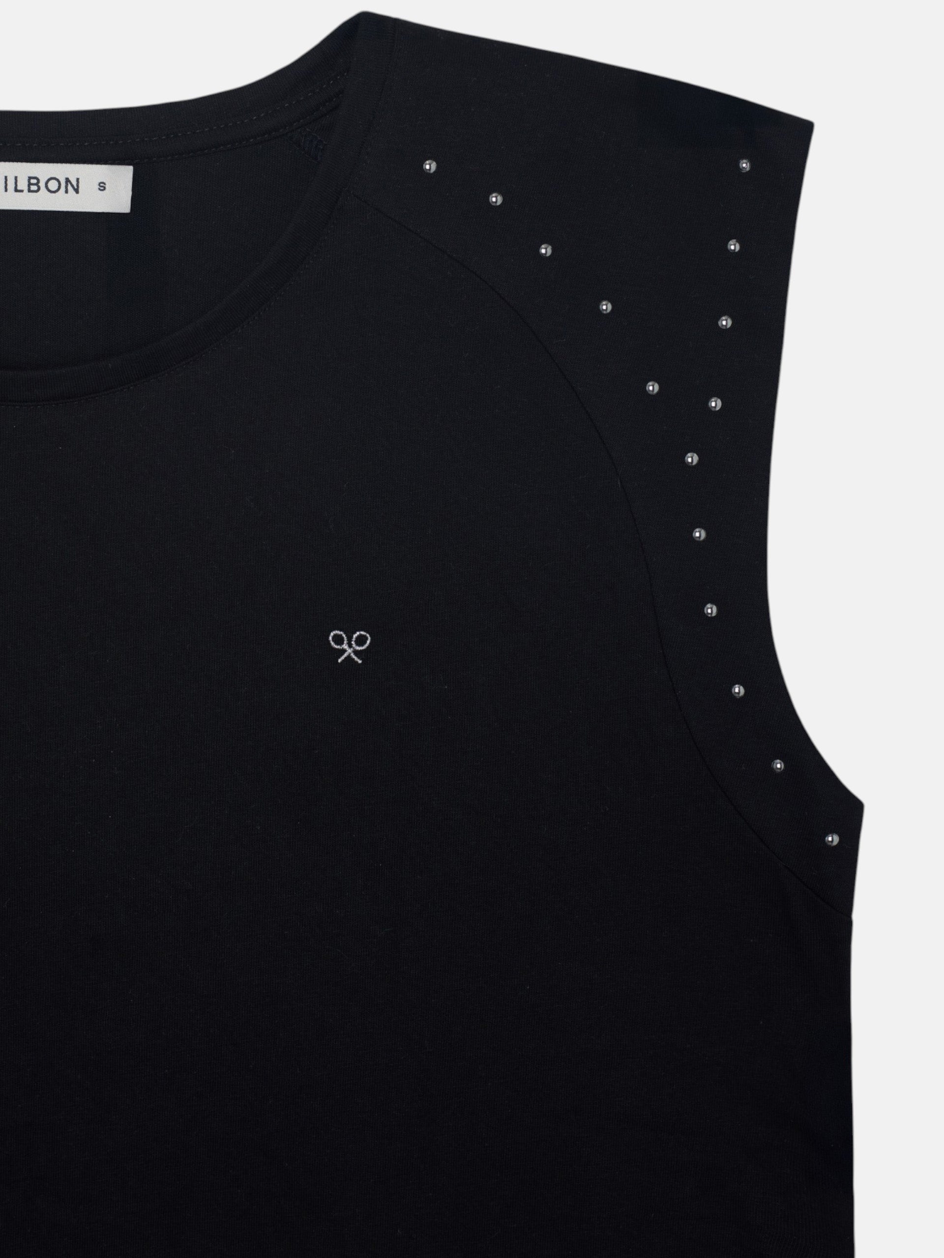 Women's black t-shirt with shoulder pads and stud detail