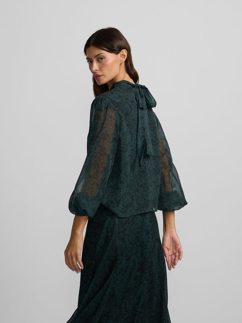 Blouse à bretelles col imprimé fleurs vert