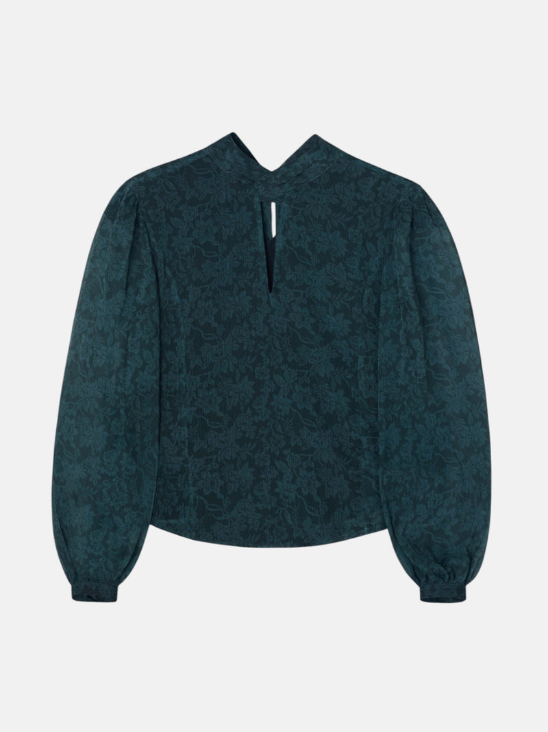 Blouse à bretelles col imprimé fleurs vert